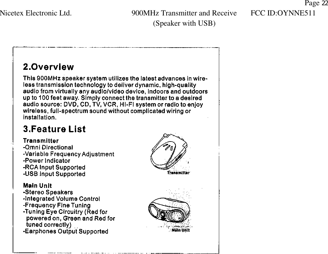                Page 22 Nicetex Electronic Ltd. 900MHz Transmitter and Receive (Speaker with USB) FCC ID:OYNNE511   