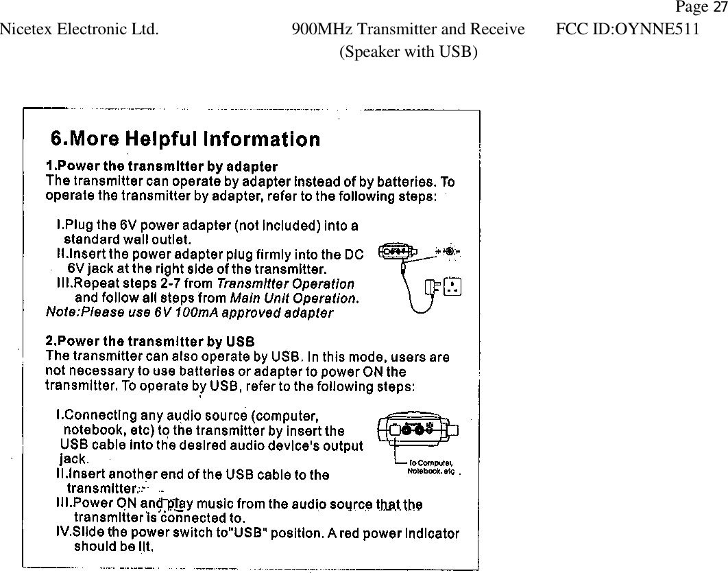                Page 27 Nicetex Electronic Ltd. 900MHz Transmitter and Receive (Speaker with USB) FCC ID:OYNNE511   