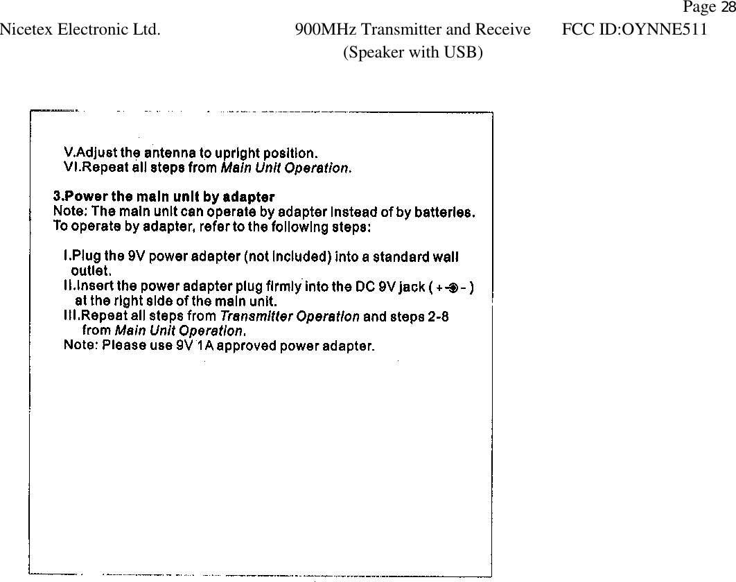                Page 28 Nicetex Electronic Ltd. 900MHz Transmitter and Receive (Speaker with USB) FCC ID:OYNNE511   