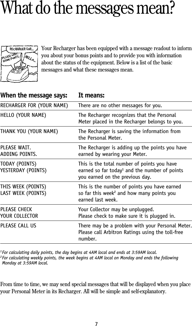 Your Recharger has been equipped with a message readout to informyou about your bonus points and to provide you with informationabout the status of the equipment. Below is a list of the basicmessages and what these messages mean.When the message says: It means:RECHARGER FOR (YOUR NAME) There are no other messages for you.HELLO (YOUR NAME) The Recharger recognizes that the PersonalMeter placed in the Recharger belongs to you.THANK YOU (YOUR NAME) The Recharger is saving the information fromthe Personal Meter.PLEASE WAIT. The Recharger is adding up the points you haveADDING POINTS. earned by wearing your Meter.TODAY (POINTS) This is the total number of points you haveYESTERDAY (POINTS) earned so far today1 and the number of pointsyou earned on the previous day.THIS WEEK (POINTS) This is the number of points you have earnedLAST WEEK (POINTS) so far this week2 and how many points youearned last week.PLEASE CHECK Your Collector may be unplugged.YOUR COLLECTOR Please check to make sure it is plugged in.PLEASE CALL US There may be a problem with your Personal Meter.Please call Arbitron Ratings using the toll-freenumber.What do the messages mean?71For calculating daily points, the day begins at 4AM local and ends at 3:59AM local.2For calculating weekly points, the week begins at 4AM local on Monday and ends the followingMonday at 3:59AM local.From time to time, we may send special messages that will be displayed when you placeyour Personal Meter in its Recharger. All will be simple and self-explanatory.