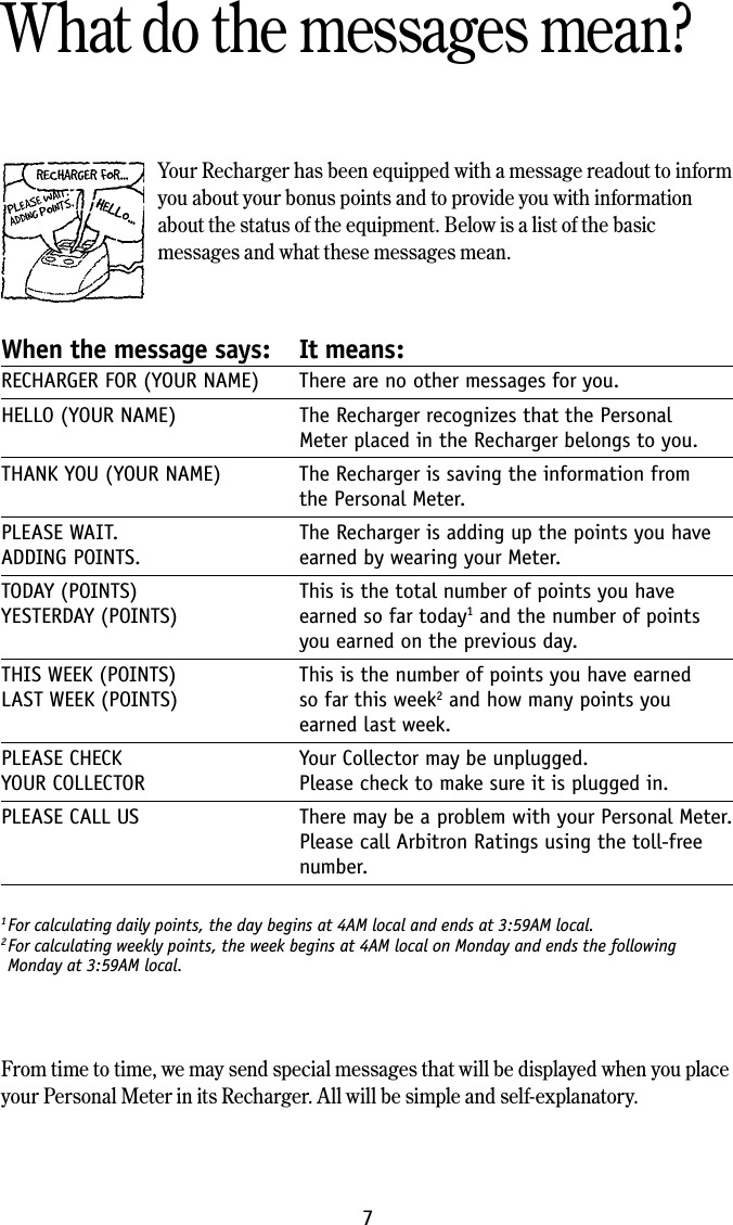 Your Recharger has been equipped with a message readout to inform you about your bonus points and to provide you with information about the status of the equipment. Below is a list of the basic messages and what these messages mean.When the message says:  It means: RECHARGER FOR (YOUR NAME)  There are no other messages for you.HELLO (YOUR NAME)  The Recharger recognizes that the Personal   Meter placed in the Recharger belongs to you.THANK YOU (YOUR NAME)  The Recharger is saving the information from    the Personal Meter.PLEASE WAIT.   The Recharger is adding up the points you have ADDING POINTS.  earned by wearing your Meter.TODAY (POINTS)  This is the total number of points you have YESTERDAY (POINTS)  earned so far today1 and the number of points   you earned on the previous day.THIS WEEK (POINTS)   This is the number of points you have earned  LAST WEEK (POINTS)   so far this week2 and how many points you   earned last week. PLEASE CHECK   Your Collector may be unplugged.  YOUR COLLECTOR  Please check to make sure it is plugged in.PLEASE CALL US  There may be a problem with your Personal Meter.   Please call Arbitron Ratings using the toll-free   number. What do the messages mean?71 For calculating daily points, the day begins at 4AM local and ends at 3:59AM local.2 For calculating weekly points, the week begins at 4AM local on Monday and ends the following  Monday at 3:59AM local.From time to time, we may send special messages that will be displayed when you place your Personal Meter in its Recharger. All will be simple and self-explanatory.