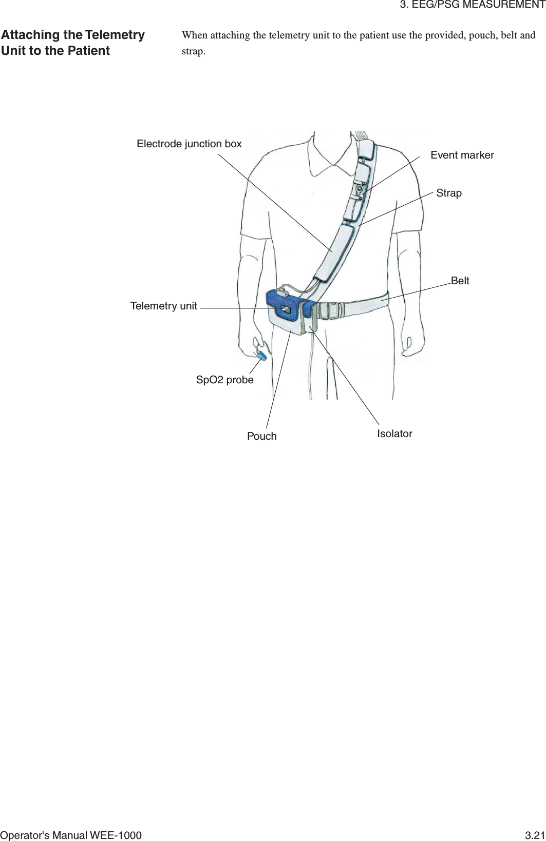 3. EEG/PSG MEASUREMENTOperator&apos;s Manual WEE-1000 3.21Attaching the TelemetryUnit to the PatientWhen attaching the telemetry unit to the patient use the provided, pouch, belt andstrap.Electrode junction boxEvent markerSpO2 probeTelemetry unitStrapIsolatorPouchBelt