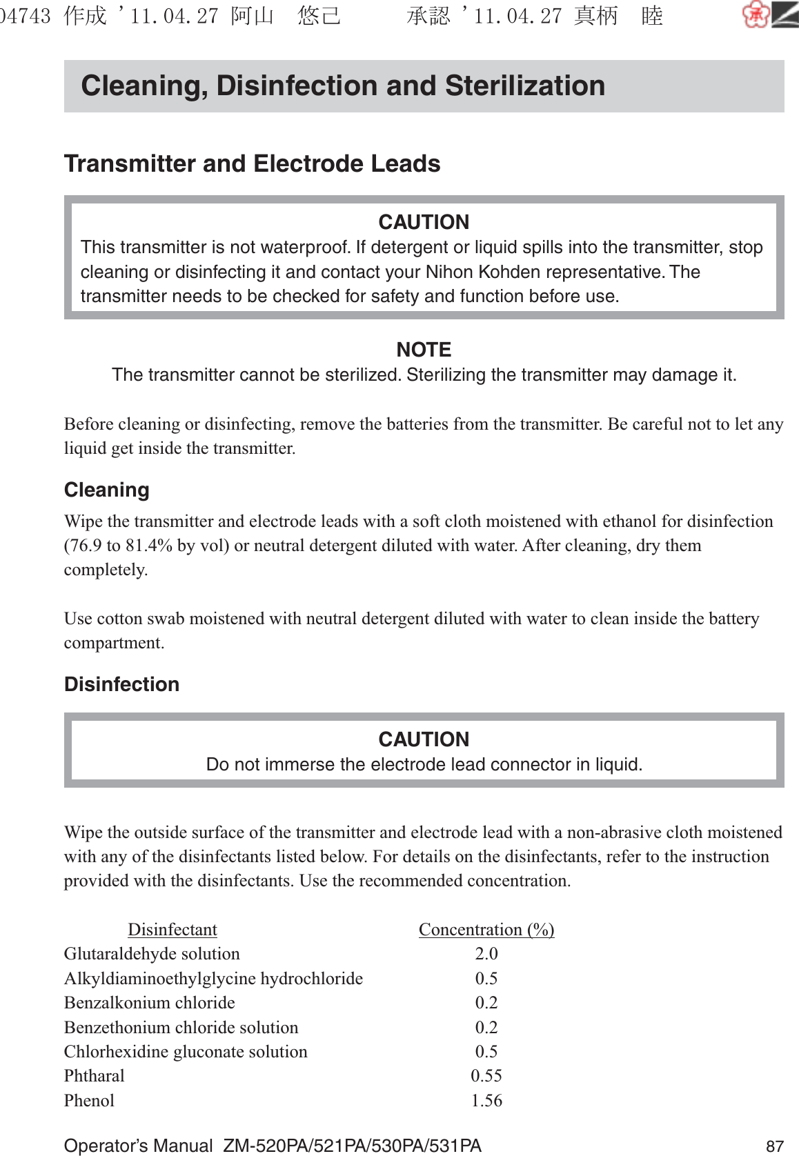 Operator’s Manual  ZM-520PA/521PA/530PA/531PA 87Cleaning, Disinfection and SterilizationTransmitter and Electrode LeadsCAUTIONThis transmitter is not waterproof. If detergent or liquid spills into the transmitter, stop cleaning or disinfecting it and contact your Nihon Kohden representative. The transmitter needs to be checked for safety and function before use.NOTEThe transmitter cannot be sterilized. Sterilizing the transmitter may damage it.Before cleaning or disinfecting, remove the batteries from the transmitter. Be careful not to let any liquid get inside the transmitter.CleaningWipe the transmitter and electrode leads with a soft cloth moistened with ethanol for disinfection (76.9 to 81.4% by vol) or neutral detergent diluted with water. After cleaning, dry them completely.Use cotton swab moistened with neutral detergent diluted with water to clean inside the battery compartment. DisinfectionCAUTIONDo not immerse the electrode lead connector in liquid.Wipe the outside surface of the transmitter and electrode lead with a non-abrasive cloth moistened with any of the disinfectants listed below. For details on the disinfectants, refer to the instruction provided with the disinfectants. Use the recommended concentration.              Disinfectant  Concentration (%)Glutaraldehyde solution  2.0Alkyldiaminoethylglycine hydrochloride  0.5Benzalkonium chloride  0.2Benzethonium chloride solution  0.2Chlorhexidine gluconate solution  0.5Phtharal 0.55Phenol 1.56૞ᚑ㒙ጊޓᖘᏆ ᛚ⹺⌀ᨩޓ⌬