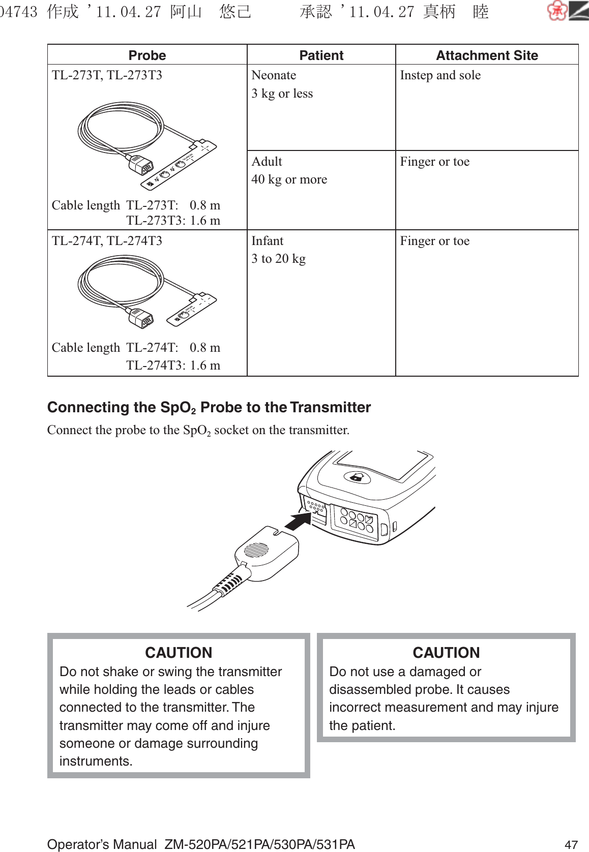 Operator’s Manual  ZM-520PA/521PA/530PA/531PA 47Probe Patient Attachment SiteTL-273T, TL-273T3Cable length  TL-273T:  0.8 m TL-273T3: 1.6 mNeonate3 kg or lessInstep and soleAdult40 kg or moreFinger or toeTL-274T, TL-274T3Cable length  TL-274T:  0.8 m TL-274T3: 1.6 mInfant3 to 20 kgFinger or toeConnecting the SpO2 Probe to the TransmitterConnect the probe to the SpO2 socket on the transmitter.CAUTIONDo not shake or swing the transmitter while holding the leads or cables connected to the transmitter. The transmitter may come off and injure someone or damage surrounding instruments.CAUTIONDo not use a damaged or disassembled probe. It causes incorrect measurement and may injure the patient.૞ᚑ㒙ጊޓᖘᏆ ᛚ⹺⌀ᨩޓ⌬