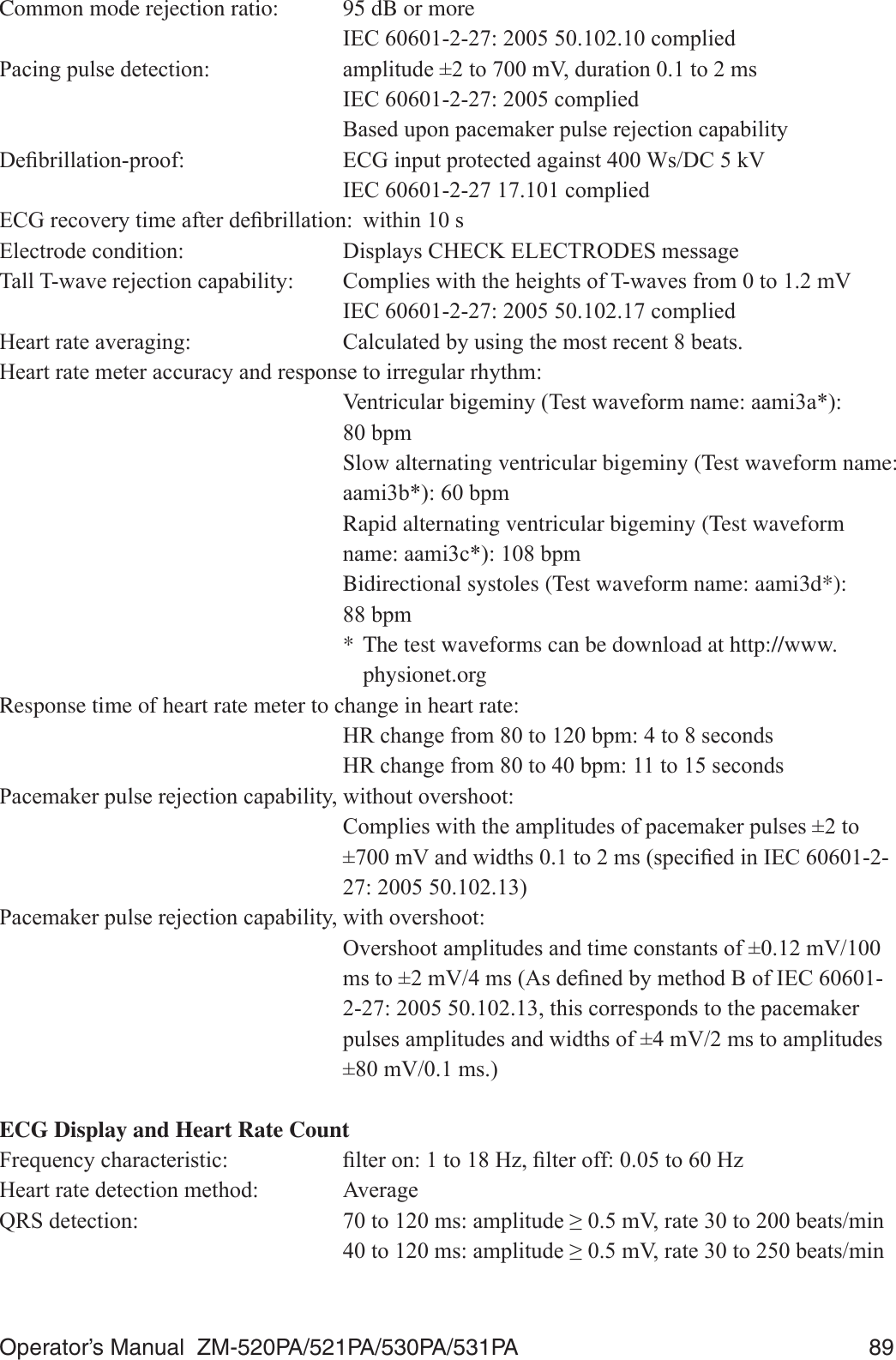 Operator’s Manual  ZM-520PA/521PA/530PA/531PA  89Common mode rejection ratio:  95 dB or more ,(&amp;FRPSOLHG3DFLQJSXOVHGHWHFWLRQ DPSOLWXGHWRP9GXUDWLRQWRPV ,(&amp;FRPSOLHG %DVHGXSRQSDFHPDNHUSXOVHUHMHFWLRQFDSDELOLW\&apos;H¿EULOODWLRQSURRI (&amp;*LQSXWSURWHFWHGDJDLQVW:V&apos;&amp;N9 ,(&amp;FRPSOLHG(&amp;*UHFRYHU\WLPHDIWHUGH¿EULOODWLRQ ZLWKLQV(OHFWURGHFRQGLWLRQ &apos;LVSOD\V&amp;+(&amp;.(/(&amp;752&apos;(6PHVVDJH7DOO7ZDYHUHMHFWLRQFDSDELOLW\ &amp;RPSOLHVZLWKWKHKHLJKWVRI7ZDYHVIURPWRP9 ,(&amp;FRPSOLHG+HDUWUDWHDYHUDJLQJ &amp;DOFXODWHGE\XVLQJWKHPRVWUHFHQWEHDWV+HDUWUDWHPHWHUDFFXUDF\DQGUHVSRQVHWRLUUHJXODUUK\WKP 9HQWULFXODUELJHPLQ\7HVWZDYHIRUPQDPHDDPLD ESP  Slow alternating ventricular bigeminy (Test waveform name: DDPLEESP  Rapid alternating ventricular bigeminy (Test waveform QDPHDDPLFESP  Bidirectional systoles (Test waveform name: aami3d*):  ESP  * The test waveforms can be download at http://www.  physionet.orgResponse time of heart rate meter to change in heart rate: +5FKDQJHIURPWRESPWRVHFRQGV +5FKDQJHIURPWRESPWRVHFRQGV3DFHPDNHUSXOVHUHMHFWLRQFDSDELOLW\ZLWKRXWRYHUVKRRW &amp;RPSOLHVZLWKWKHDPSOLWXGHVRISDFHPDNHUSXOVHVWRP9DQGZLGWKVWRPVVSHFL¿HGLQ,(&amp;3DFHPDNHUSXOVHUHMHFWLRQFDSDELOLW\ZLWKRYHUVKRRW 2YHUVKRRWDPSOLWXGHVDQGWLPHFRQVWDQWVRIP9PVWRP9PV$VGH¿QHGE\PHWKRG%RI,(&amp;WKLVFRUUHVSRQGVWRWKHSDFHPDNHUSXOVHVDPSOLWXGHVDQGZLGWKVRIP9PVWRDPSOLWXGHVP9PVECG Display and Heart Rate Count)UHTXHQF\FKDUDFWHULVWLF ¿OWHURQWR+]¿OWHURIIWR+]+HDUWUDWHGHWHFWLRQPHWKRG $YHUDJH456GHWHFWLRQ WRPVDPSOLWXGHP9UDWHWREHDWVPLQ WRPVDPSOLWXGHP9UDWHWREHDWVPLQ