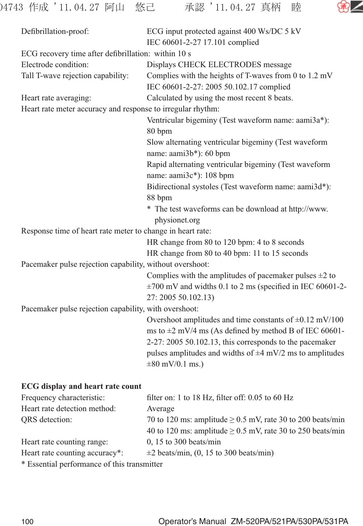 100  Operator’s Manual  ZM-520PA/521PA/530PA/531PADeﬁbrillation-proof:  ECG input protected against 400 Ws/DC 5 kV  IEC 60601-2-27 17.101 compliedECG recovery time after deﬁbrillation:  within 10 sElectrode condition:  Displays CHECK ELECTRODES messageTall T-wave rejection capability:  Complies with the heights of T-waves from 0 to 1.2 mV  IEC 60601-2-27: 2005 50.102.17 compliedHeart rate averaging:   Calculated by using the most recent 8 beats.Heart rate meter accuracy and response to irregular rhythm:  Ventricular bigeminy (Test waveform name: aami3a*):  80 bpm  Slow alternating ventricular bigeminy (Test waveform name: aami3b*): 60 bpm  Rapid alternating ventricular bigeminy (Test waveform name: aami3c*): 108 bpm  Bidirectional systoles (Test waveform name: aami3d*):  88 bpm  *  The test waveforms can be download at http://www.  physionet.orgResponse time of heart rate meter to change in heart rate:  HR change from 80 to 120 bpm: 4 to 8 seconds  HR change from 80 to 40 bpm: 11 to 15 secondsPacemaker pulse rejection capability, without overshoot:  Complies with the amplitudes of pacemaker pulses ±2 to ±700 mV and widths 0.1 to 2 ms (speciﬁed in IEC 60601-2-27: 2005 50.102.13)Pacemaker pulse rejection capability, with overshoot:  Overshoot amplitudes and time constants of ±0.12 mV/100 ms to ±2 mV/4 ms (As deﬁned by method B of IEC 60601-2-27: 2005 50.102.13, this corresponds to the pacemaker pulses amplitudes and widths of ±4 mV/2 ms to amplitudes ±80 mV/0.1 ms.)ECG display and heart rate countFrequency characteristic:  ﬁlter on: 1 to 18 Hz, ﬁlter off: 0.05 to 60 HzHeart rate detection method:  AverageQRS detection:  70 to 120 ms: amplitude ≥ 0.5 mV, rate 30 to 200 beats/min  40 to 120 ms: amplitude ≥ 0.5 mV, rate 30 to 250 beats/minHeart rate counting range:  0, 15 to 300 beats/minHeart rate counting accuracy*:  ±2 beats/min, (0, 15 to 300 beats/min)* Essential performance of this transmitter૞ᚑ㒙ጊޓᖘᏆ ᛚ⹺⌀ᨩޓ⌬