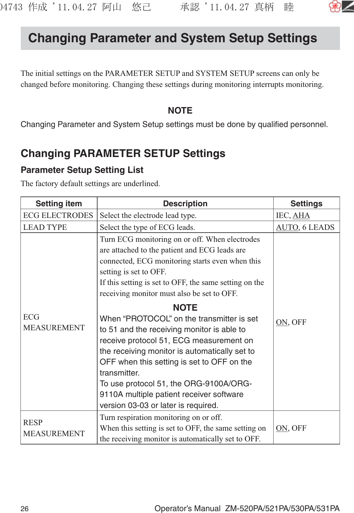 26  Operator’s Manual  ZM-520PA/521PA/530PA/531PAChanging Parameter and System Setup SettingsThe initial settings on the PARAMETER SETUP and SYSTEM SETUP screens can only be changed before monitoring. Changing these settings during monitoring interrupts monitoring.NOTEChanging Parameter and System Setup settings must be done by qualiﬁed personnel.Changing PARAMETER SETUP SettingsParameter Setup Setting ListThe factory default settings are underlined.Setting item Description SettingsECG ELECTRODES Select the electrode lead type. IEC, AHALEAD TYPE Select the type of ECG leads. AUTO, 6 LEADSECG MEASUREMENTTurn ECG monitoring on or off. When electrodes are attached to the patient and ECG leads are connected, ECG monitoring starts even when this setting is set to OFF.If this setting is set to OFF, the same setting on the receiving monitor must also be set to OFF.NOTEWhen “PROTOCOL” on the transmitter is set to 51 and the receiving monitor is able to receive protocol 51, ECG measurement on the receiving monitor is automatically set to OFF when this setting is set to OFF on the transmitter. To use protocol 51, the ORG-9100A/ORG-9110A multiple patient receiver software version 03-03 or later is required.ON, OFFRESP MEASUREMENTTurn respiration monitoring on or off.When this setting is set to OFF, the same setting on the receiving monitor is automatically set to OFF.ON, OFF૞ᚑ㒙ጊޓᖘᏆ ᛚ⹺⌀ᨩޓ⌬
