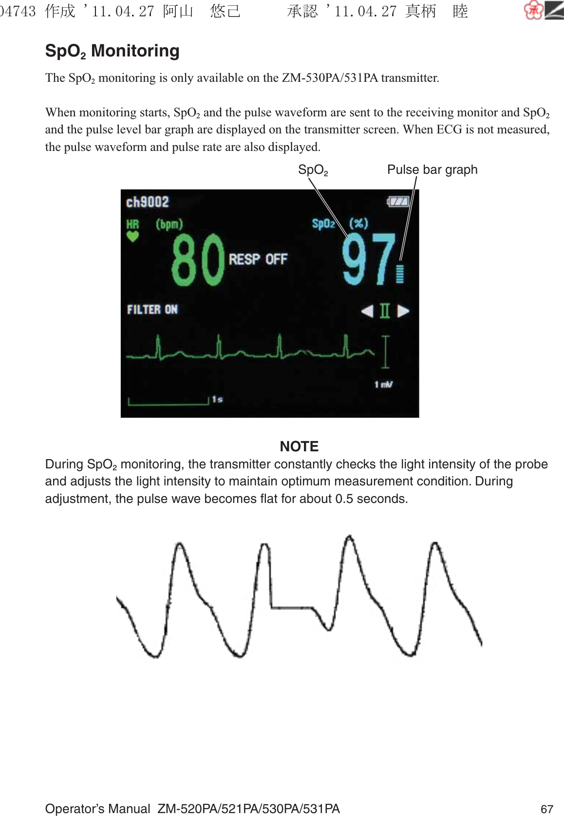 Operator’s Manual  ZM-520PA/521PA/530PA/531PA 67SpO2 MonitoringThe SpO2 monitoring is only available on the ZM-530PA/531PA transmitter.When monitoring starts, SpO2 and the pulse waveform are sent to the receiving monitor and SpO2 and the pulse level bar graph are displayed on the transmitter screen. When ECG is not measured, the pulse waveform and pulse rate are also displayed.Pulse bar graphSpO2NOTEDuring SpO2 monitoring, the transmitter constantly checks the light intensity of the probe and adjusts the light intensity to maintain optimum measurement condition. During adjustment, the pulse wave becomes ﬂat for about 0.5 seconds.૞ᚑ㒙ጊޓᖘᏆ ᛚ⹺⌀ᨩޓ⌬