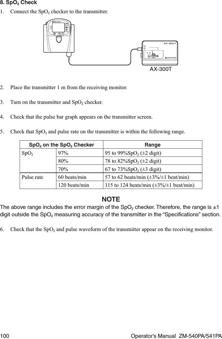 100  Operator’s Manual  ZM-540PA/541PA8. SpO2 Check1.  Connect the SpO2 checker to the transmitter.AX-300T2.  Place the transmitter 1 m from the receiving monitor.3.  Turn on the transmitter and SpO2 checker.4.  Check that the pulse bar graph appears on the transmitter screen.5.  Check that SpO2 and pulse rate on the transmitter is within the following range.SpO2 on the SpO2 Checker RangeSpO297% 95 to 99%SpO2 (±2 digit)80% 78 to 82%SpO2 (±2 digit)70% 67 to 73%SpO2 (±3 digit)Pulse rate 60 beats/min 57 to 62 beats/min (±3%/±1 beat/min)120 beats/min 115 to 124 beats/min (±3%/±1 beat/min)NOTEThe above range includes the error margin of the SpO2 checker. Therefore, the range is ±1 digit outside the SpO2 measuring accuracy of the transmitter in the “Speciﬁcations” section.6.  Check that the SpO2 and pulse waveform of the transmitter appear on the receiving monitor.