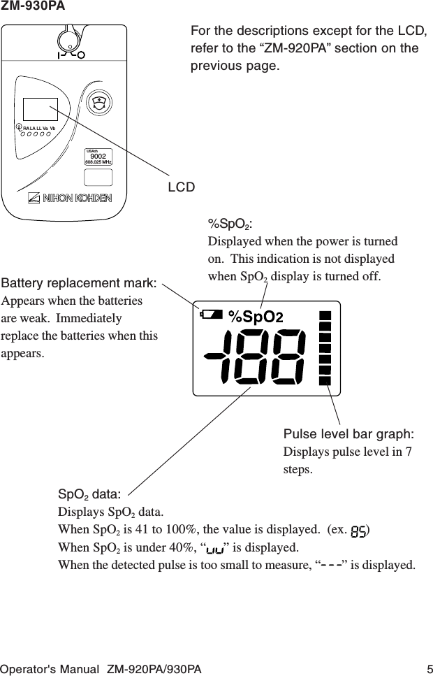 Operator&apos;s Manual  ZM-920PA/930PA 5ZM-930PABattery replacement mark:Appears when the batteriesare weak.  Immediatelyreplace the batteries when thisappears.%SpO2:Displayed when the power is turnedon.  This indication is not displayedwhen SpO2 display is turned off.Pulse level bar graph:Displays pulse level in 7steps.SpO2 data:Displays SpO2 data.When SpO2 is 41 to 100%, the value is displayed.  (ex.  )When SpO2 is under 40%, “ ” is displayed.When the detected pulse is too small to measure, “ ” is displayed.RA LA LL Va VbUSAch9002608.025 MHzLCDFor the descriptions except for the LCD,refer to the “ZM-920PA” section on theprevious page.