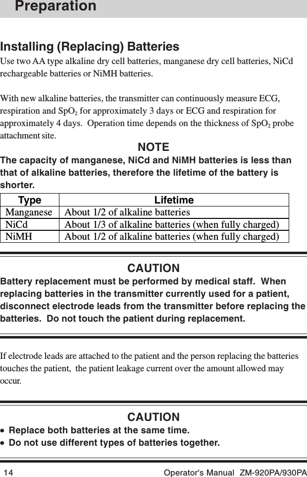 14 Operator&apos;s Manual  ZM-920PA/930PAType LifetimeManganese About 1/2 of alkaline batteriesNiCd About 1/3 of alkaline batteries (when fully charged)NiMH About 1/2 of alkaline batteries (when fully charged)PreparationInstalling (Replacing) BatteriesUse two AA type alkaline dry cell batteries, manganese dry cell batteries, NiCdrechargeable batteries or NiMH batteries.With new alkaline batteries, the transmitter can continuously measure ECG,respiration and SpO2 for approximately 3 days or ECG and respiration forapproximately 4 days.  Operation time depends on the thickness of SpO2 probeattachment site.NOTEThe capacity of manganese, NiCd and NiMH batteries is less thanthat of alkaline batteries, therefore the lifetime of the battery isshorter.CAUTIONBattery replacement must be performed by medical staff.  Whenreplacing batteries in the transmitter currently used for a patient,disconnect electrode leads from the transmitter before replacing thebatteries.  Do not touch the patient during replacement.If electrode leads are attached to the patient and the person replacing the batteriestouches the patient,  the patient leakage current over the amount allowed mayoccur.CAUTION•••••Replace both batteries at the same time.•••••Do not use different types of batteries together.