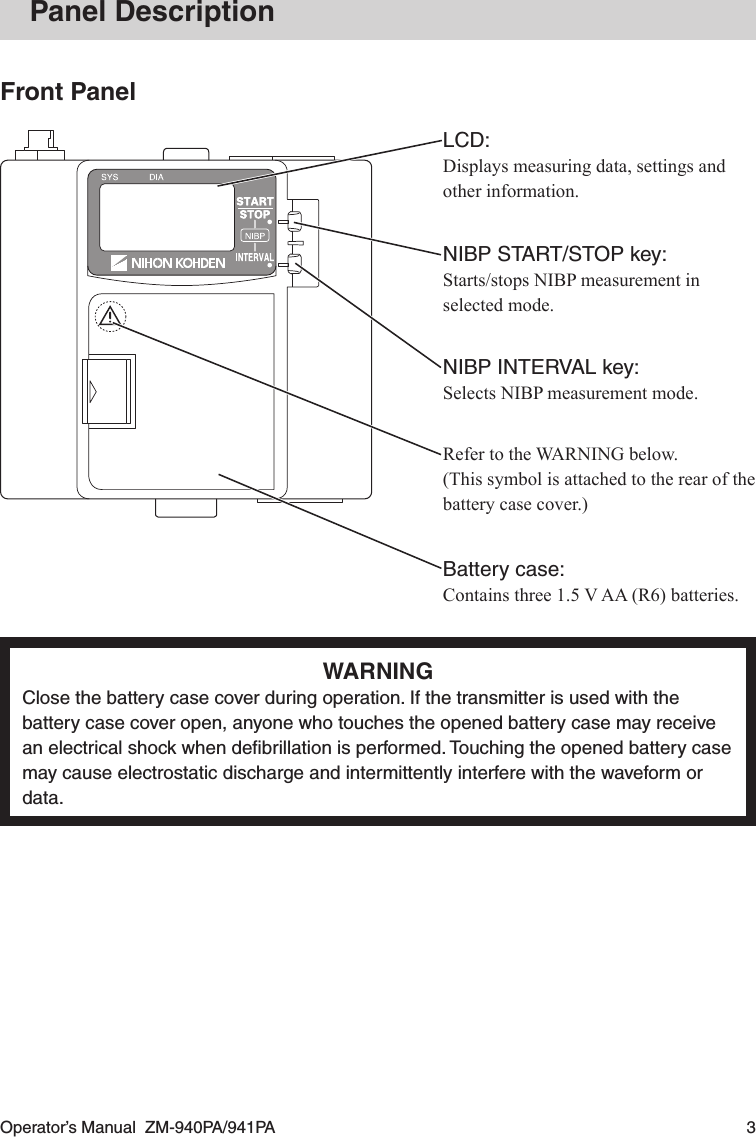 Operator’s Manual  ZM-940PA/941PA  3Panel DescriptionFront PanelLCD:Displays measuring data, settings and other information.NIBP START/STOP key:Starts/stops NIBP measurement in selected mode.NIBP INTERVAL key:Selects NIBP measurement mode.Refer to the WARNING below. (This symbol is attached to the rear of the battery case cover.)Battery case:Contains three 1.5 V AA (R6) batteries.WARNINGClose the battery case cover during operation. If the transmitter is used with the battery case cover open, anyone who touches the opened battery case may receive an electrical shock when deﬁbrillation is performed. Touching the opened battery case may cause electrostatic discharge and intermittently interfere with the waveform or data.
