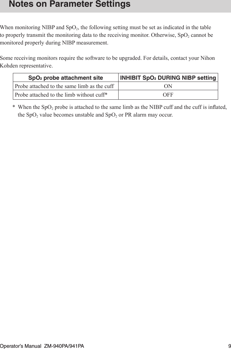 Operator’s Manual  ZM-940PA/941PA  9Notes on Parameter SettingsWhen monitoring NIBP and SpO2, the following setting must be set as indicated in the table to properly transmit the monitoring data to the receiving monitor. Otherwise, SpO2 cannot be monitored properly during NIBP measurement.Some receiving monitors require the software to be upgraded. For details, contact your Nihon Kohden representative.SpO2 probe attachment site INHIBIT SpO2 DURING NIBP settingProbe attached to the same limb as the cuff ONProbe attached to the limb without cuff* OFF*  When the SpO2probeisattachedtothesamelimbastheNIBPcuffandthecuffisinated,the SpO2 value becomes unstable and SpO2 or PR alarm may occur.