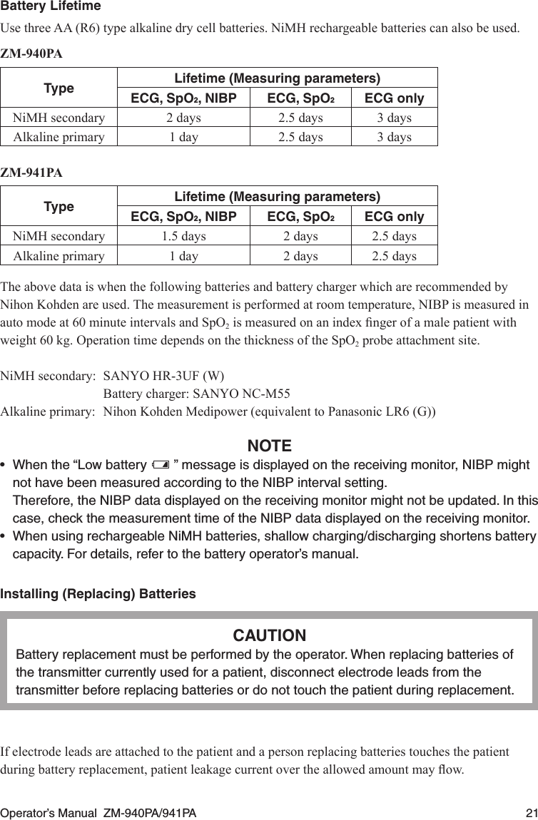 Operator’s Manual  ZM-940PA/941PA  21Battery LifetimeUsethreeAA(R6)typealkalinedrycellbatteries.NiMHrechargeablebatteriescanalsobeused.ZM-940PAType Lifetime (Measuring parameters)ECG, SpO2, NIBP ECG, SpO2ECG onlyNiMHsecondary 2 days 2.5 days 3 daysAlkalineprimary 1 day 2.5 days 3 daysZM-941PAType Lifetime (Measuring parameters)ECG, SpO2, NIBP ECG, SpO2ECG onlyNiMHsecondary 1.5 days 2 days 2.5 daysAlkalineprimary 1 day 2 days 2.5 daysThe above data is when the following batteries and battery charger which are recommended by Nihon Kohden are used. The measurement is performed at room temperature, NIBP is measured in auto mode at 60 minute intervals and SpO2ismeasuredonanindexngerofamalepatientwithweight60kg.OperationtimedependsonthethicknessoftheSpO2 probe attachment site.NiMHsecondary: SANYOHR-3UF(W)  Battery charger: SANYO NC-M55Alkalineprimary: NihonKohdenMedipower(equivalenttoPanasonicLR6(G))NOTE•  When the “Low battery   ” message is displayed on the receiving monitor, NIBP might not have been measured according to the NIBP interval setting.  Therefore, the NIBP data displayed on the receiving monitor might not be updated. In this case, check the measurement time of the NIBP data displayed on the receiving monitor.•  When using rechargeable NiMH batteries, shallow charging/discharging shortens battery capacity. For details, refer to the battery operator’s manual.Installing (Replacing) BatteriesCAUTIONBattery replacement must be performed by the operator. When replacing batteries of the transmitter currently used for a patient, disconnect electrode leads from the transmitter before replacing batteries or do not touch the patient during replacement.If electrode leads are attached to the patient and a person replacing batteries touches the patient duringbatteryreplacement,patientleakagecurrentovertheallowedamountmayow.