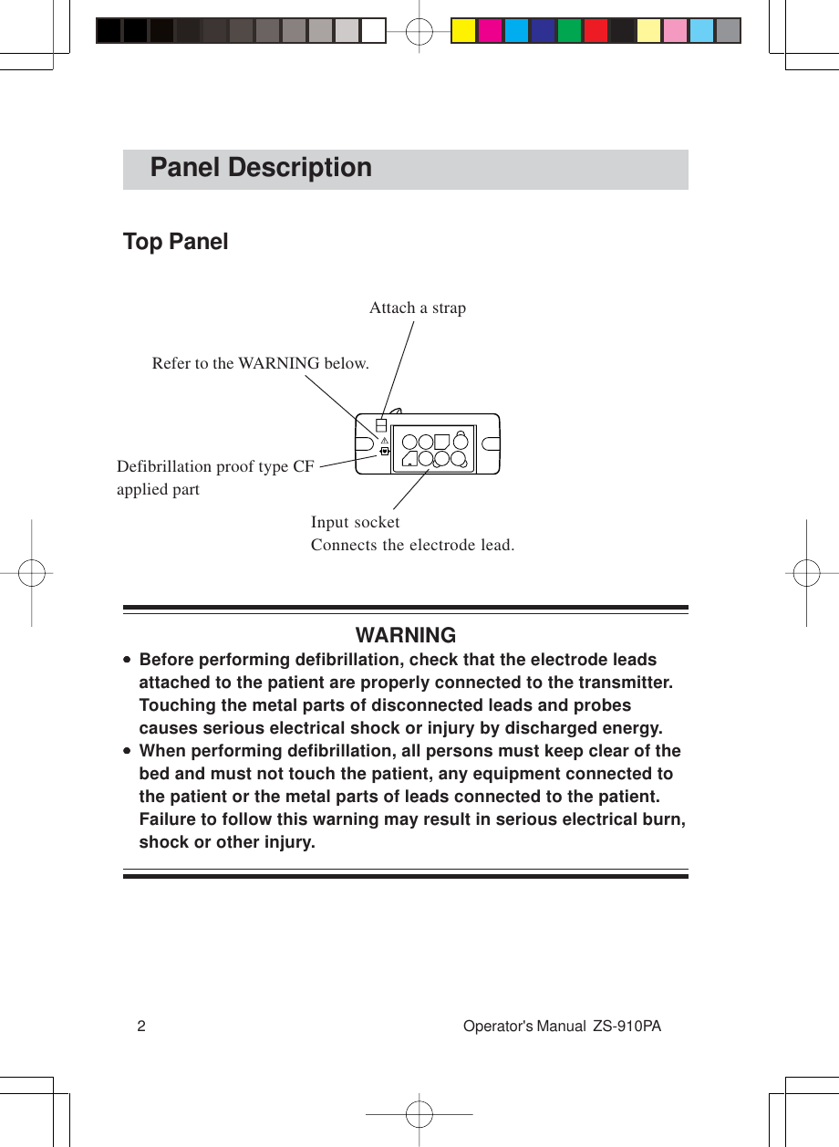 2 Operator&apos;s Manual  ZS-910PAPanel DescriptionTop PanelWARNING•••••Before performing defibrillation, check that the electrode leadsattached to the patient are properly connected to the transmitter.Touching the metal parts of disconnected leads and probescauses serious electrical shock or injury by discharged energy.•••••When performing defibrillation, all persons must keep clear of thebed and must not touch the patient, any equipment connected tothe patient or the metal parts of leads connected to the patient.Failure to follow this warning may result in serious electrical burn,shock or other injury.Input socketConnects the electrode lead.Attach a strapRefer to the WARNING below.Defibrillation proof type CFapplied part