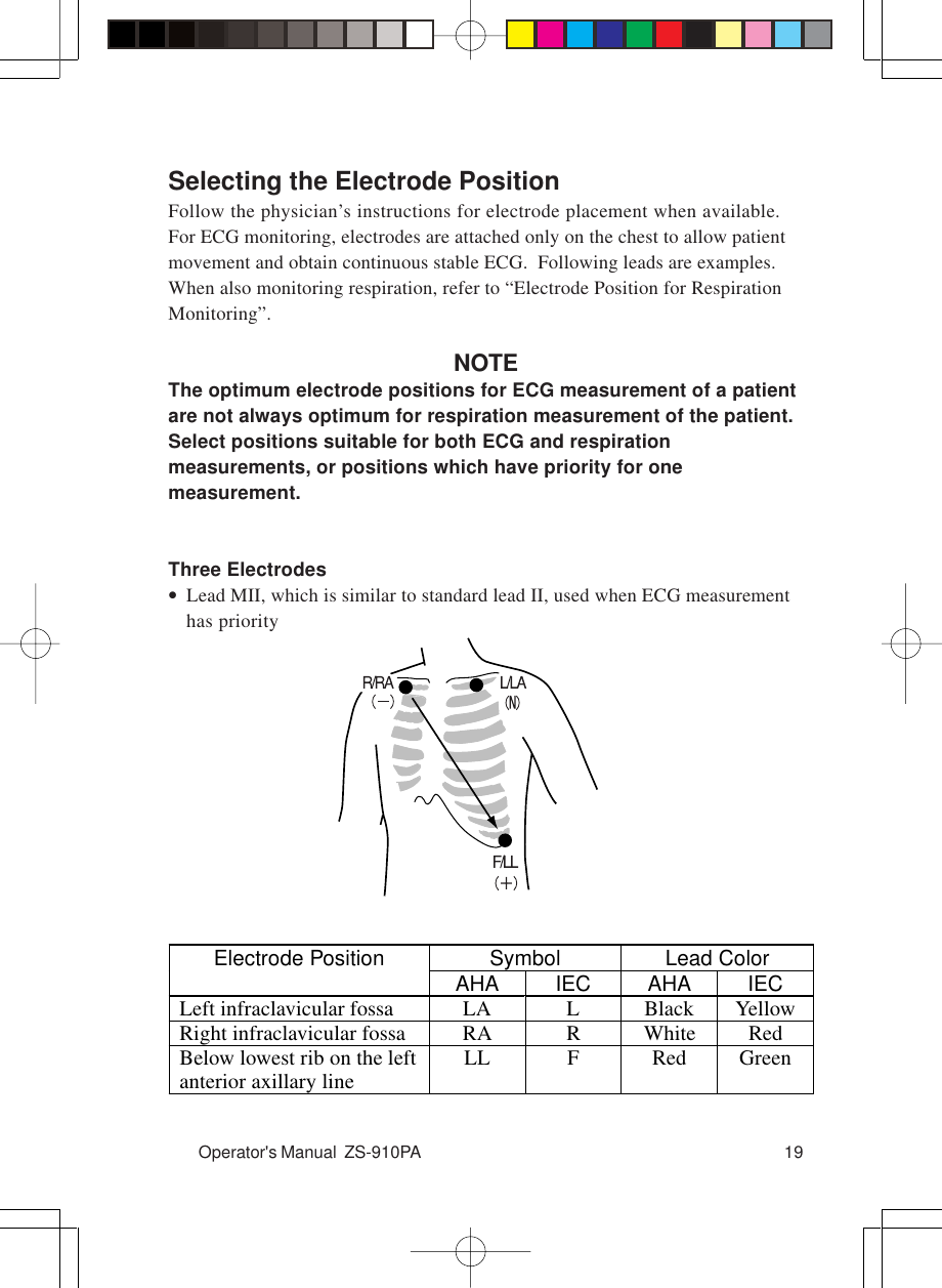 Operator&apos;s Manual  ZS-910PA 19Selecting the Electrode PositionFollow the physician’s instructions for electrode placement when available.For ECG monitoring, electrodes are attached only on the chest to allow patientmovement and obtain continuous stable ECG.  Following leads are examples.When also monitoring respiration, refer to “Electrode Position for RespirationMonitoring”.NOTEThe optimum electrode positions for ECG measurement of a patientare not always optimum for respiration measurement of the patient.Select positions suitable for both ECG and respirationmeasurements, or positions which have priority for onemeasurement.Three Electrodes•Lead MII, which is similar to standard lead II, used when ECG measurementhas prioritySymbol Lead ColorElectrode Position AHA IEC AHA IECLeft infraclavicular fossa LA L Black YellowRight infraclavicular fossa RA R White RedBelow lowest rib on the leftanterior axillary line LL F Red Green