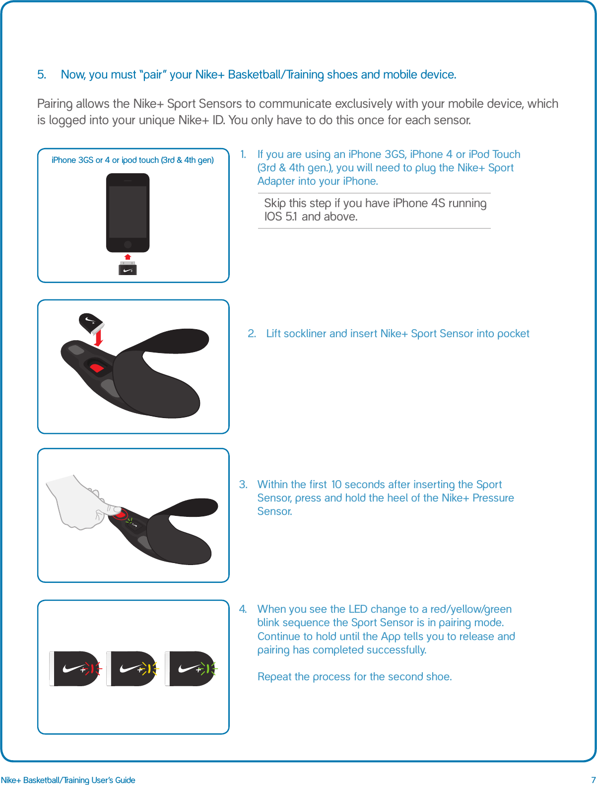 7Nike+ Basketball/Training User&rsquo;s Guide1.   If you are using an iPhone 3GS, iPhone 4 or iPod Touch (3rd &amp; 4th gen.), you will need to plug the Nike+ Sport Adapter into your iPhone.  3.  Within the first 10 seconds after inserting the Sport Sensor, press and hold the heel of the Nike+ Pressure Sensor. 5.  Now, you must &ldquo;pair&rdquo; your Nike+ Basketball/Training shoes and mobile device.Pairing allows the Nike+ Sport Sensors to communicate exclusively with your mobile device, which is logged into your unique Nike+ ID. You only have to do this once for each sensor.iPhone 3GS or 4 or ipod touch (3rd &amp; 4th gen)2.  Lift sockliner and insert Nike+ Sport Sensor into pocket  Skip this step if you have iPhone 4S running IOS 5.1 and above.4.   When you see the LED change to a red/yellow/green blink sequence the Sport Sensor is in pairing mode. Continue to hold until the App tells you to release and pairing has completed successfully.  Repeat the process for the second shoe.     