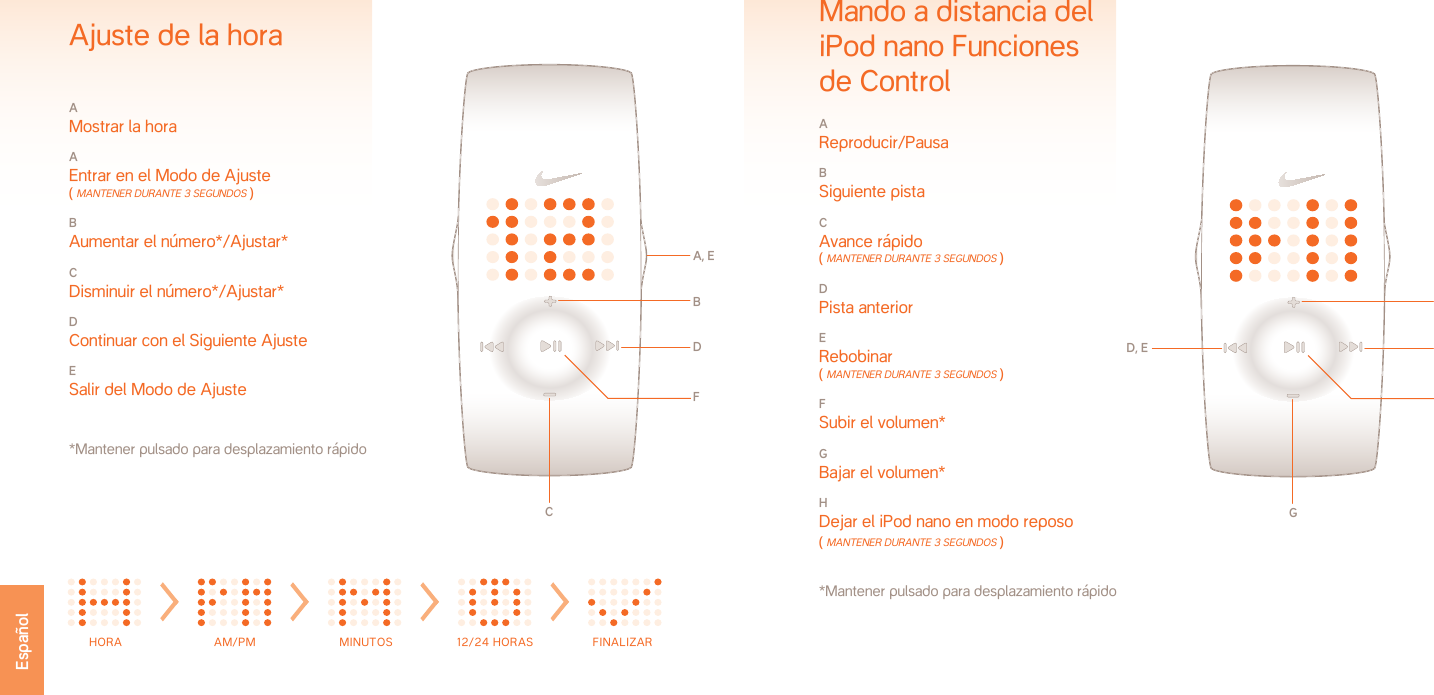 Mando a distancia del iPod nano Funciones de ControlA Reproducir/PausaB Siguiente pistaC Avance rápido ( mAnTener dUrAnTe 3 segUndos )D Pista anteriorE Rebobinar ( mAnTener dUrAnTe 3 segUndos )F Subir el volumen*G Bajar el volumen*H Dejar el iPod nano en modo reposo ( mAnTener dUrAnTe 3 segUndos )   *Mantener pulsado para desplazamiento rápidoFB, CD, EGA, HH OU R A M / PM M I N U TE S 12/24  H OU R FI N I SHA Mostrar la horaA Entrar en el Modo de Ajuste   ( mAnTener dUrAnTe 3 segUndos )B Aumentar el número*/Ajustar*C Disminuir el número*/Ajustar*D Continuar con el Siguiente AjusteE Salir del Modo de Ajuste  *Mantener pulsado para desplazamiento rápidoAjuste de la horaA, EBDCFEspañol HORA  AM/PM  MINUTOS  12/24 HORAS  FINALIZAR