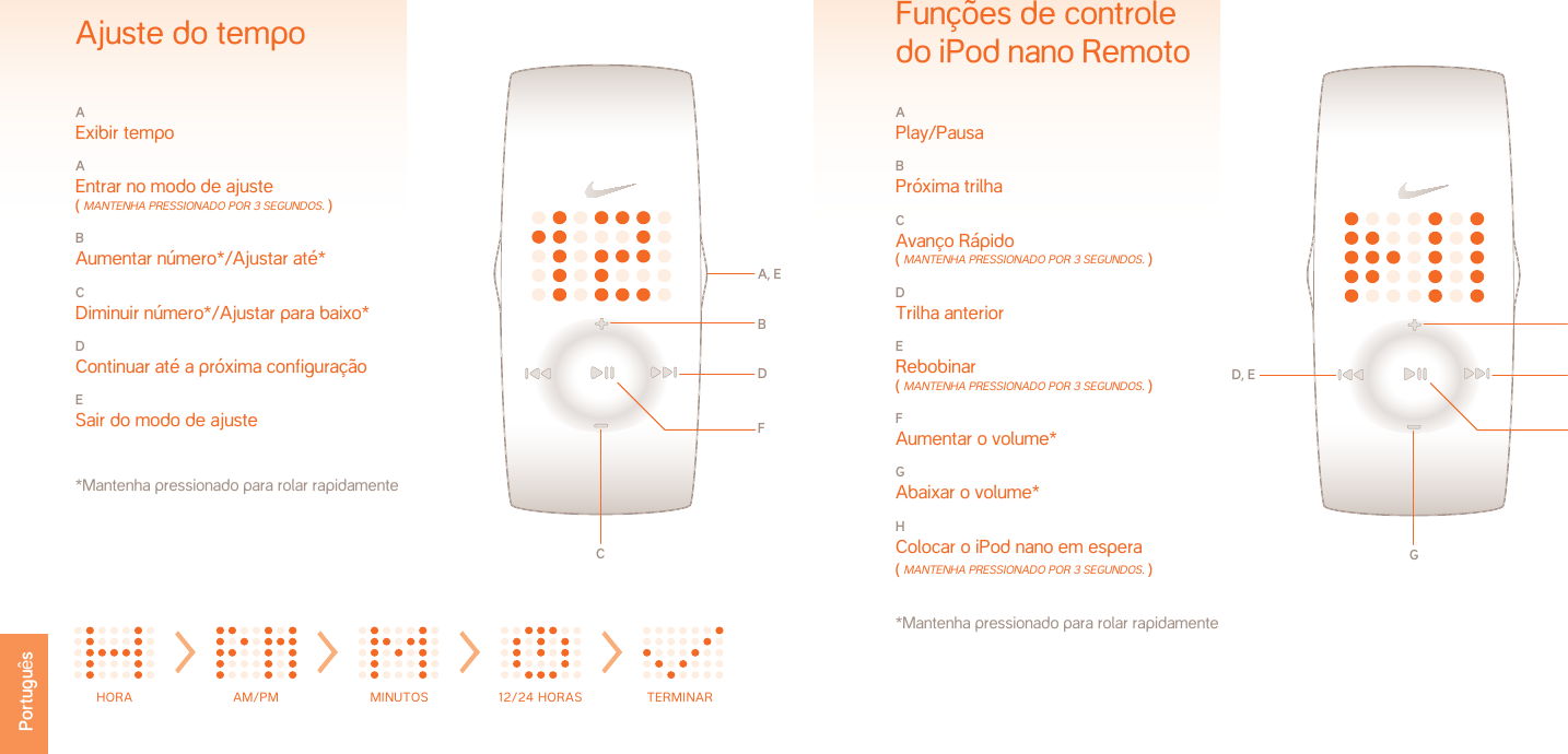 Funções de controle do iPod nano RemotoA Play/PausaB Próxima trilhaC Avanço Rápido ( mAnTenHA PressionAdo Por 3 segUndos. )D Trilha anteriorE Rebobinar ( mAnTenHA PressionAdo Por 3 segUndos. )F Aumentar o volume*G Abaixar o volume*H Colocar o iPod nano em espera ( mAnTenHA PressionAdo Por 3 segUndos. )   *Mantenha pressionado para rolar rapidamenteFB, CD, EGA, HH OU R A M / PM M I N U TE S 12/24  H OU R FI N I SHA Exibir tempoA Entrar no modo de ajuste   ( mAnTenHA PressionAdo Por 3 segUndos. )B Aumentar número*/Ajustar até*C Diminuir número*/Ajustar para baixo*D Continuar até a próxima configuraçãoE Sair do modo de ajuste  *Mantenha pressionado para rolar rapidamenteAjuste do tempoA, EBDCFPortuguês HORA  AM/PM  MINUTOS  12/24 HORAS  TERMINAR