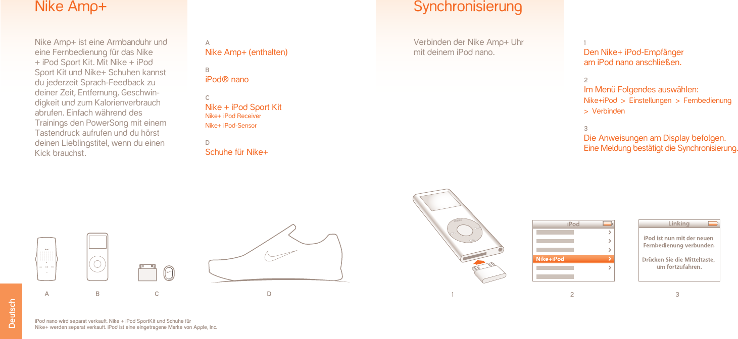 1 2 31 Den Nike+ iPod-Empfänger  am iPod nano anschließen.2 Im Menü Folgendes auswählen:Nike+iPod  &gt;  Einstellungen  &gt;  Fernbedienung   &gt;  Verbinden3 Die Anweisungen am Display befolgen. Eine Meldung bestätigt die Synchronisierung.SynchronisierungVerbinden der Nike Amp+ Uhr mit deinem iPod nano.iPod nano wird separat verkauft. Nike + iPod SportKit und Schuhe für Nike+ werden separat verkauft. iPod ist eine eingetragene Marke von Apple, Inc.A Nike Amp+ (enthalten)B iPod® nanoC Nike + iPod Sport Kit Nike+ iPod ReceiverNike+ iPod-SensorD Schuhe für Nike+Nike Amp+Nike Amp+ ist eine Armbanduhr und eine Fernbedienung für das Nike + iPod Sport Kit. Mit Nike + iPod Sport Kit und Nike+ Schuhen kannst du jederzeit Sprach-Feedback zu deiner Zeit, Entfernung, Geschwin-digkeit und zum Kalorienverbrauch abrufen. Einfach während des Trainings den PowerSong mit einem Tastendruck aufrufen und du hörst deinen Lieblingstitel, wenn du einen Kick brauchst.Deutsch