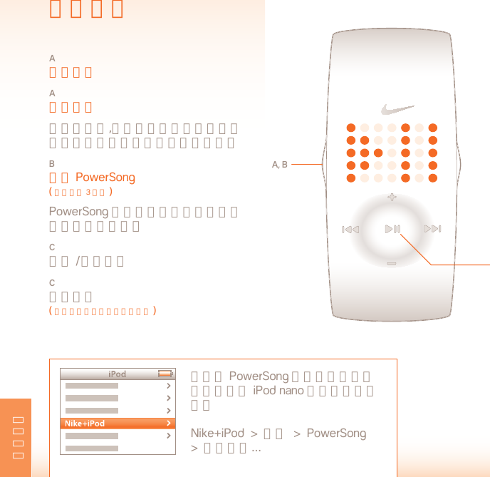 工作温度：-5 至 50˚ 摄氏度材料规格电池盖：不锈钢电池扣：不锈钢外壳：聚碳酸酯表带：聚氨脂警告：本产品非医疗设备。不能用于诊断、治疗或预防任何疾病或医疗条件。技术支持  www.nikeplus.com/support/contactNike 消费者事务部： 1-888-350-6453本文档的更新内容可通过以下网址获得：www.nikeplus.com/manuals/amp规格电池型号：CR1632 锂电池电池寿命： Nike 腕表中的电池大约可使用1 年，具体情况取决于使用频率和对某些功能的使用。警告！将腕表电池放到儿童无法触及的地方。如果不慎吞咽，请立即与医生联系。警告！电池含有化学物质。应当根据当地规定正确处置废旧电池。防水性：50 米可浸入 1 米深的水中达 30 分钟。注意：在水下按按钮可能导致腕表损坏。注意：热蒸汽可能导致腕表损坏。 在进行蒸汽浴、温泉浴或洗热水澡时请勿配戴腕表。注意：腕表浸入海水后，应当用清水彻底冲洗表壳和属表带。测试功能A 开始测试A 语音回馈  开始跑步后,按下该按钮以听取时间、距离、热量和速度的实时声音反馈。B 播放 PowerSong ( 按住保持 3 秒钟 ) PowerSong 在您需要鼓舞士气时播放您最喜欢的歌曲。C 暂停 /恢复锻炼C结束锻炼 ( 锻炼停止后要按住保持三秒钟 )A, B要预设 PowerSong 以便在锻炼中使用，请通过 iPod nano 菜单选择以下各项Nike+iPod  &gt;  设置  &gt;  PowerSong  &gt;  选择一个...C简体中文
