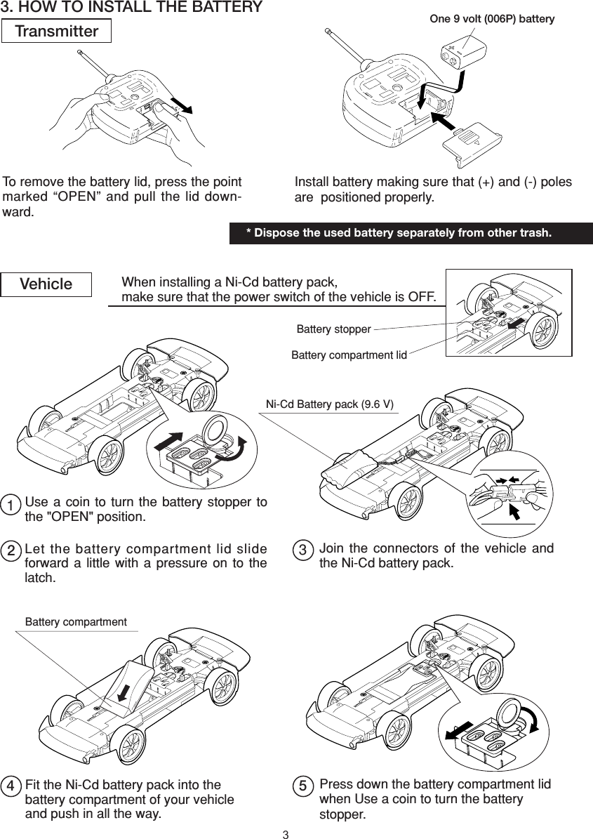 33. HOW TO INSTALL THE BATTERYTo remove the battery lid, press the point marked “OPEN” and pull the lid down-ward.Install battery making sure that (+) and (-) poles are  positioned properly.Transmitter One 9 volt (006P) battery* Dispose the used battery separately from other trash.Join  the  connectors  of  the  vehicle  and the Ni-Cd battery pack.VehicleBattery compartment lidBattery stopperUse a coin to  turn  the  battery  stopper  to the &quot;OPEN&quot; position.Let the battery compartment lid slide forward  a  little  with  a  pressure  on  to  the latch.321When installing a Ni-Cd battery pack, make sure that the power switch of the vehicle is OFF.Fit the Ni-Cd battery pack into the battery compartment of your vehicle and push in all the way.4 5 Press down the battery compartment lid when Use a coin to turn the battery stopper. Battery compartmentNi-Cd Battery pack (9.6 V)