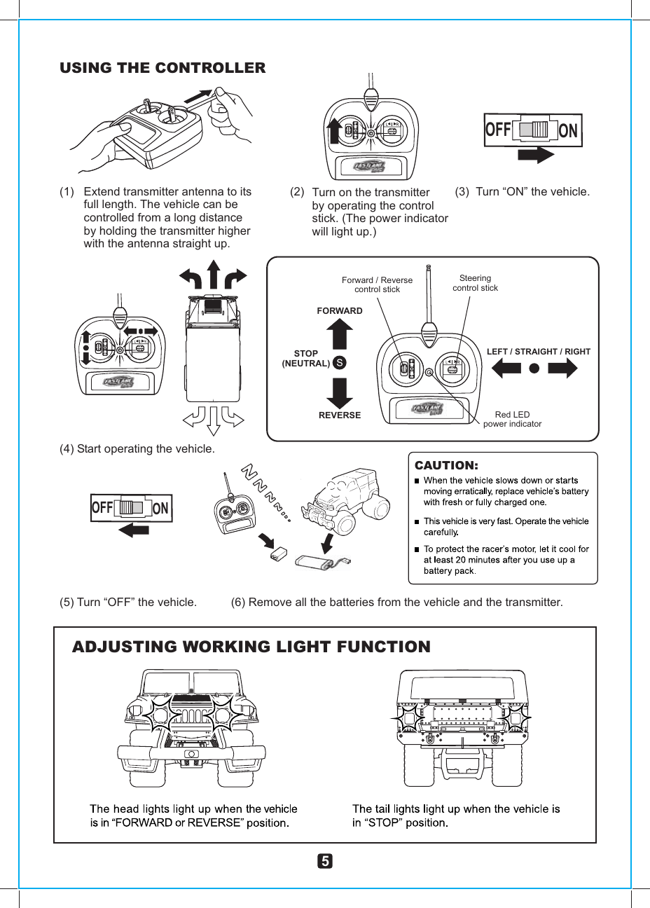 (1) USING THE CONTROLLER(5) Turn “OFF” the vehicle.Steeringcontrol stickForward / Reversecontrol stickRed LEDpower indicatorLEFT / STRAIGHT / RIGHTFORWARDSTOP(NEUTRAL)REVERSEOFF ON(4) Start operating the vehicle.OFF ON5ADJUSTING WORKING LIGHT FUNCTIONCAUTION:Extend transmitter antenna to its full length. The vehicle can be controlled from a long distance by holding the transmitter higher with the antenna straight up.(2)  (3)  Turn “ON” the vehicle.(6) Remove all the batteries from the vehicle and the transmitter.Turn on the transmitter by operating the control stick. (The power indicator will light up.)