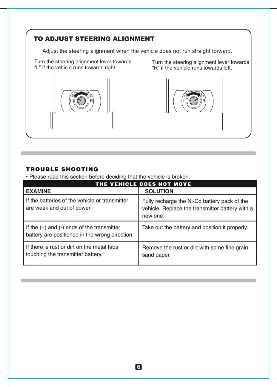 Adjust the steering alignment when the vehicle does not run straight forward.TO ADJUST STEERING ALIGNMENTTurn the steering alignment lever towards“L” if the vehicle runs towards right. Turn the steering alignment lever towards“R” if the vehicle runs towards left.L  RL  R6