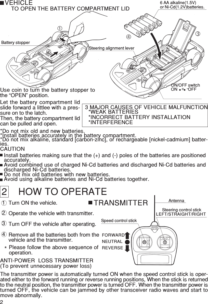 22    HOW TO OPERATETurn ON the vehicle.Operate the vehicle with transmitter.Turn OFF the vehicle after operating.Remove all the batteries both from thevehicle and the transmitter.Please follow the above sequence ofoperation.*TRANSMITTER AntennaSpeed control stickSteering control stickLEFT/STRAIGHT/RIGHTFORWARDNEUTRALREVERSEANTI-POWER  LOSS TRANSMITTER(To prevent unnecessary power loss)The transmitter power is automatically turned ON when the speed control stick is oper-ated either to the forward running or reverse running positions, When the stick is returnedto the neutral position, the transmitter power is turned OFF. When the transmitter power isturned OFF, the vehicle can be jammed by other transceiver radio waves and start tomove abnormally. 2 3 4VEHICLETO OPEN THE BATTERY COMPARTMENT LIDLet the battery compartment lidslide forward a littlee with a pres-sure on to the latch.Then, the battery compartment lidcan be pulled and open.6 AA alkaline(1.5V)or Ni-Cd(1.2V)batteries.Steering alignment lever3 MAJOR CAUSES OF VEHICLE MALFUNCTION*WEAK BATTERIES*INCORRECT BATTERY INSTALLATION*INTERFERENCECAUTIONInstall batteries making sure that the (+) and (-) poles of the batteries are positionedaccurately.Avoid combined use of charged Ni-Cd batteries and discharged Ni-Cd batteries anddischarged Ni-Cd batteries.Do not mix old batteries with new batteries.Avoid using alkaline batteries and Ni-Cd batteries together.Battery stopperUse coin to turn the battery stopper tothe “OPEN” position.ON/OFF switchON         OFF•©•¨ 1*Do not mix old and new batteries.*Install batteries accurately in the battery compartment.*Do not mix alkaline, standard [carbon-zinc], or rechargeable [nickel-cadmium] batter-ies.