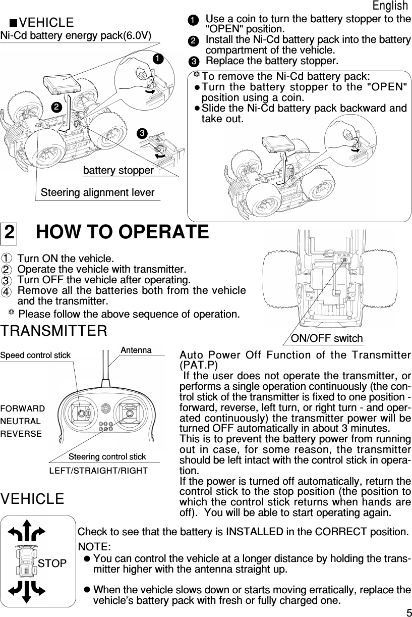 5123EnglishVEHICLE Use a coin to turn the battery stopper to the&quot;OPEN&quot; position.Install the Ni-Cd battery pack into the batterycompartment of the vehicle.Replace the battery stopper.Ni-Cd battery energy pack(6.0V)battery stopperSteering alignment lever123*****To remove the Ni-Cd battery pack:Turn the battery stopper to the &quot;OPEN&quot;position using a coin.Slide the Ni-Cd battery pack backward andtake out.2    HOW TO OPERATETurn ON the vehicle.Operate the vehicle with transmitter.Turn OFF the vehicle after operating.Remove all the batteries both from the vehicleand the transmitter.Please follow the above sequence of operation. 1 2 3 4ON/OFF switch*****TRANSMITTERAntennaSpeed control stickSteering control stickLEFT/STRAIGHT/RIGHTFORWARDNEUTRALREVERSEVEHICLECheck to see that the battery is INSTALLED in the CORRECT position.NOTE:You can control the vehicle at a longer distance by holding the trans-mitter higher with the antenna straight up.When the vehicle slows down or starts moving erratically, replace thevehicle&apos;s battery pack with fresh or fully charged one.STOP Auto Power Off Function of the Transmitter(PAT.P) If the user does not operate the transmitter, orperforms a single operation continuously (the con-trol stick of the transmitter is fixed to one position -forward, reverse, left turn, or right turn - and oper-ated continuously) the transmitter power will beturned OFF automatically in about 3 minutes.This is to prevent the battery power from runningout in case, for some reason, the transmittershould be left intact with the control stick in opera-tion.If the power is turned off automatically, return thecontrol stick to the stop position (the position towhich the control stick returns when hands areoff).  You will be able to start operating again.