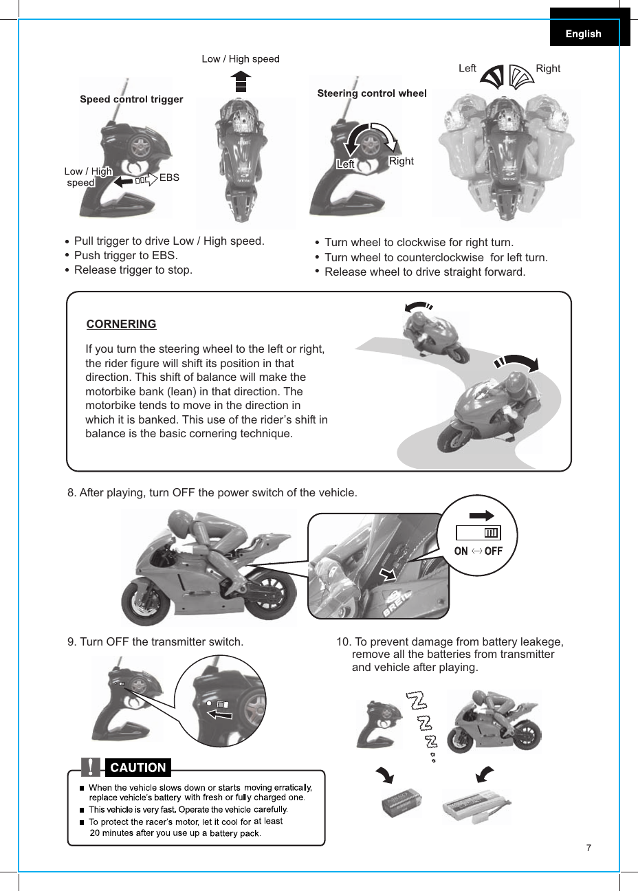 10. To prevent damage from battery leakege,      remove all the batteries from transmitter      and vehicle after playing.8. After playing, turn OFF the power switch of the vehicle.9. Turn OFF the transmitter switch.Turn wheel to clockwise for right turn.Turn wheel to counterclockwise  for left turn.Release wheel to drive straight forward.Pull trigger to drive Low / High speed.Push trigger to EBS.Release trigger to stop.If you turn the steering wheel to the left or right,the rider figure will shift its position in thatdirection. This shift of balance will make the motorbike bank (lean) in that direction. The motorbike tends to move in the direction in which it is banked. This use of the rider’s shift in balance is the basic cornering technique.CORNERING7
