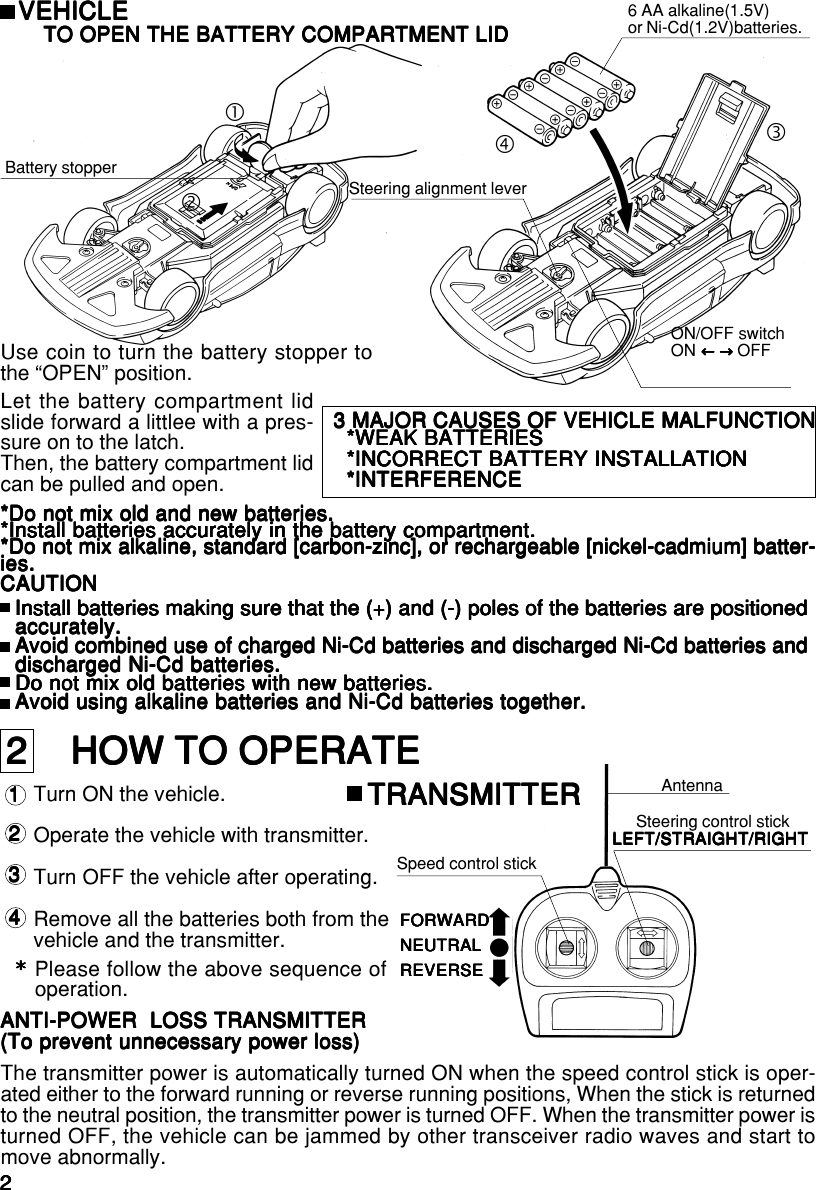 222222    HOW TO OPERATE2    HOW TO OPERATE2    HOW TO OPERATE2    HOW TO OPERATE2    HOW TO OPERATETurn ON the vehicle.Operate the vehicle with transmitter.Turn OFF the vehicle after operating.Remove all the batteries both from thevehicle and the transmitter.Please follow the above sequence ofoperation.*****TRANSMITTERTRANSMITTERTRANSMITTERTRANSMITTERTRANSMITTER AntennaSpeed control stickSteering control stickLEFT/STRAIGHT/RIGHTLEFT/STRAIGHT/RIGHTLEFT/STRAIGHT/RIGHTLEFT/STRAIGHT/RIGHTLEFT/STRAIGHT/RIGHTFORWARDFORWARDFORWARDFORWARDFORWARDNEUTRALNEUTRALNEUTRALNEUTRALNEUTRALREVERSEREVERSEREVERSEREVERSEREVERSEANTI-POWER  LOSS TRANSMITTERANTI-POWER  LOSS TRANSMITTERANTI-POWER  LOSS TRANSMITTERANTI-POWER  LOSS TRANSMITTERANTI-POWER  LOSS TRANSMITTER(To prevent unnecessary power loss)(To prevent unnecessary power loss)(To prevent unnecessary power loss)(To prevent unnecessary power loss)(To prevent unnecessary power loss)The transmitter power is automatically turned ON when the speed control stick is oper-ated either to the forward running or reverse running positions, When the stick is returnedto the neutral position, the transmitter power is turned OFF. When the transmitter power isturned OFF, the vehicle can be jammed by other transceiver radio waves and start tomove abnormally. 2 2 2 2 2 3 3 3 3 3 4 4 4 4 4VEHICLEVEHICLEVEHICLEVEHICLEVEHICLETO OPEN THE BATTERY COMPARTMENT LIDTO OPEN THE BATTERY COMPARTMENT LIDTO OPEN THE BATTERY COMPARTMENT LIDTO OPEN THE BATTERY COMPARTMENT LIDTO OPEN THE BATTERY COMPARTMENT LIDLet the battery compartment lidslide forward a littlee with a pres-sure on to the latch.Then, the battery compartment lidcan be pulled and open.6 AA alkaline(1.5V)or Ni-Cd(1.2V)batteries.Steering alignment lever3 MAJOR CAUSES OF VEHICLE MALFUNCTION3 MAJOR CAUSES OF VEHICLE MALFUNCTION3 MAJOR CAUSES OF VEHICLE MALFUNCTION3 MAJOR CAUSES OF VEHICLE MALFUNCTION3 MAJOR CAUSES OF VEHICLE MALFUNCTION*WEAK BATTERIES*WEAK BATTERIES*WEAK BATTERIES*WEAK BATTERIES*WEAK BATTERIES*INCORRECT BATTERY INSTALLATION*INCORRECT BATTERY INSTALLATION*INCORRECT BATTERY INSTALLATION*INCORRECT BATTERY INSTALLATION*INCORRECT BATTERY INSTALLATION*INTERFERENCE*INTERFERENCE*INTERFERENCE*INTERFERENCE*INTERFERENCECAUTIONCAUTIONCAUTIONCAUTIONCAUTIONInstall batteries making sure that the (+) and (-) poles of the batteries are positionedInstall batteries making sure that the (+) and (-) poles of the batteries are positionedInstall batteries making sure that the (+) and (-) poles of the batteries are positionedInstall batteries making sure that the (+) and (-) poles of the batteries are positionedInstall batteries making sure that the (+) and (-) poles of the batteries are positionedaccurately.accurately.accurately.accurately.accurately.Avoid combined use of charged Ni-Cd batteries and discharged Ni-Cd batteries andAvoid combined use of charged Ni-Cd batteries and discharged Ni-Cd batteries andAvoid combined use of charged Ni-Cd batteries and discharged Ni-Cd batteries andAvoid combined use of charged Ni-Cd batteries and discharged Ni-Cd batteries andAvoid combined use of charged Ni-Cd batteries and discharged Ni-Cd batteries anddischarged Ni-Cd batteries.discharged Ni-Cd batteries.discharged Ni-Cd batteries.discharged Ni-Cd batteries.discharged Ni-Cd batteries.Do not mix old batteries with new batteries.Do not mix old batteries with new batteries.Do not mix old batteries with new batteries.Do not mix old batteries with new batteries.Do not mix old batteries with new batteries.Avoid using alkaline batteries and Ni-Cd batteries together.Avoid using alkaline batteries and Ni-Cd batteries together.Avoid using alkaline batteries and Ni-Cd batteries together.Avoid using alkaline batteries and Ni-Cd batteries together.Avoid using alkaline batteries and Ni-Cd batteries together.Battery stopperUse coin to turn the battery stopper tothe “OPEN” position.ON/OFF switchON         OFF←→←→←→←→←→ 1 1 1 1 1fcde*Do not mix old and new batteries.*Do not mix old and new batteries.*Do not mix old and new batteries.*Do not mix old and new batteries.*Do not mix old and new batteries.*Install batteries accurately in the battery compartment.*Install batteries accurately in the battery compartment.*Install batteries accurately in the battery compartment.*Install batteries accurately in the battery compartment.*Install batteries accurately in the battery compartment.*Do not mix alkaline, standard [carbon-zinc], or rechargeable [nickel-cadmium] batter-*Do not mix alkaline, standard [carbon-zinc], or rechargeable [nickel-cadmium] batter-*Do not mix alkaline, standard [carbon-zinc], or rechargeable [nickel-cadmium] batter-*Do not mix alkaline, standard [carbon-zinc], or rechargeable [nickel-cadmium] batter-*Do not mix alkaline, standard [carbon-zinc], or rechargeable [nickel-cadmium] batter-ies.ies.ies.ies.ies.