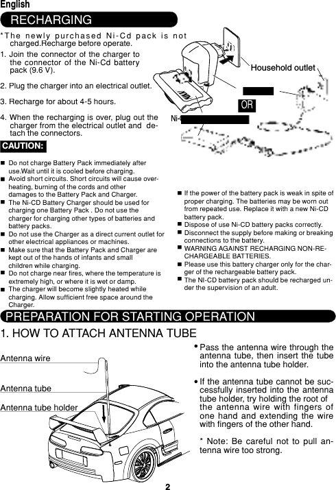 2EnglishHousehold outlet1. Join  the  connector of the  charger to the  connector  of  the  Ni-Cd  battery pack (9.6 V).2. Plug the charger into an electrical out let.3. Recharge for about 4-5 hours.4. When the re charg ing is over, plug out the charger from the elec tri cal outlet and  de-tach the con nec tors.CAUTION:nnnnnnnnnRECHARGINGChargerNi-Cd battery pack (9.6 V)Ni-Cd battery pack (9.6 V)PREPARATION FOR START ING OP ER A TION1. HOW TO ATTACH ANTENNA TUBEAntenna tubeAntenna wireAntenna tube holderPass the antenna wire through the antenna  tube,  then  insert  the  tube into the an ten na tube holder.If the antenna tube cannot be suc- cess ful ly inserted  into  the  antenna tube holder, try hold ing the root of        the  antenna  wire  with  fingers  of one  hand  and  ex tend ing  the  wire with fin gers of the other hand.*  Note:  Be  careful  not  to  pull  an- ten na wire too strong.Do not charge Battery Pack immediately after use.Wait until it is cooled before charging.Avoid short circuits. Short circuits will cause over-heating, burning of the cords and otherdamages to the Battery Pack and Charger.The Ni-CD Battery Charger should be used for charging one Battery Pack . Do not use thecharger for charging other types of batteries and battery packs.Do not use the Charger as a direct current outlet for other electrical appliances or machines.Make sure that the Battery Pack and Charger are kept out of the hands of infants and smallchildren while charging.Do not charge near fires, where the temperature is extremely high, or where it is wet or damp.The charger will become slightly heated while charging. Allow sufficient free space around theCharger.If the power of the battery pack is weak in spite of proper charging. The batteries may be worn out from repeated use. Replace it with a new Ni-CD battery pack.Dispose of use Ni-CD battery packs correctly.Disconnect the supply before making or breaking connections to the battery.WARNING AGAINST RECHARGING NON-RE-CHARGEABLE BATTERIES.Please use this battery charger only for the char-ger of the rechargeable battery pack.The NI-CD battery pack should be recharged un-der the supervision of an adult.nnnnOR* T h e   n e w l y   p u r c h a s e d   N i - C d   p a c k   i s   n o t  charged.Recharge before operate.