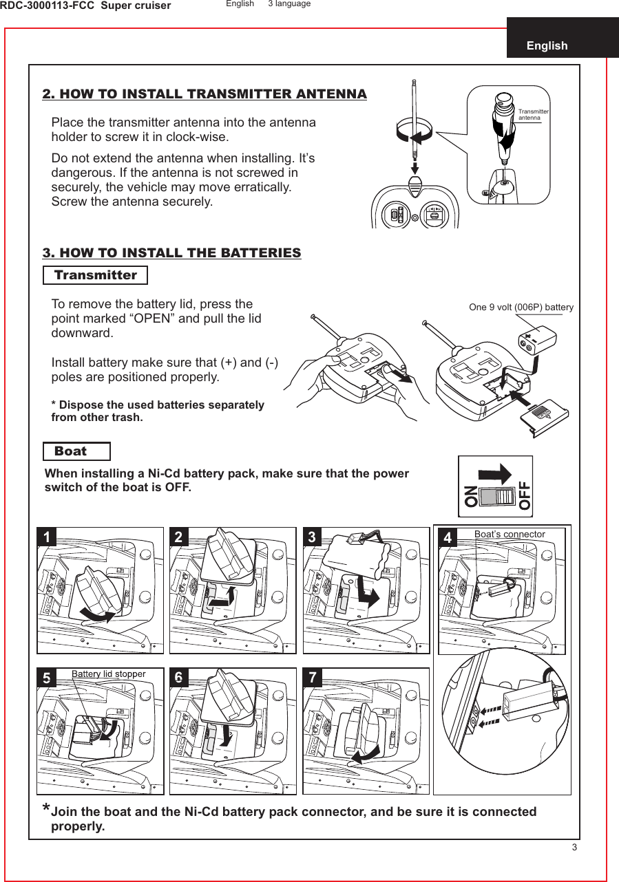 English32. HOW TO INSTALL TRANSMITTER ANTENNAPlace the transmitter antenna into the antenna holder to screw it in clock-wise.Do not extend the antenna when installing. It’s dangerous. If the antenna is not screwed in securely, the vehicle may move erratically. Screw the antenna securely.3. HOW TO INSTALL THE BATTERIESTransmitterBoatWhen installing a Ni-Cd battery pack, make sure that the power switch of the boat is OFF.RDC-3000113-FCC  Super cruiser English 3 languageInstall battery make sure that (+) and (-) poles are positioned properly.* Dispose the used batteries separately from other trash.Join the boat and the Ni-Cd battery pack connector, and be sure it is connected properly.To remove the battery lid, press thepoint marked “OPEN” and pull the liddownward. Transmitter antennaOne 9 volt (006P) batteryBoat’s connector5617324