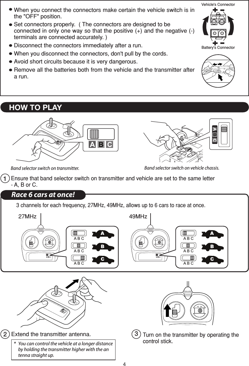 4When you connect the connectors make certain the vehicle switch is in the &quot;OFF&quot; position.Set connectors properly.  ( The connectors are designed to be connected in only one way so that the positive (+) and the negative (-) terminals are connected accurately. )Disconnect the connectors immediately after a run.When you disconnect the connectors, don&apos;t pull by the cords.Avoid short circuits because it is very dangerous.Remove all the batteries both from the vehicle and the transmitter after a run.*  You can control the vehicle at a longer distance    by holding the transmitter higher with the an   tenna straight up.HOW TO PLAY2Extend the transmitter antenna. 3Turn on the transmitter by operating the control stick. Battery&apos;s ConnectorVehicle&apos;s ConnectorBand selector switch on transmitter. Band selector switch on vehicle chassis. 1Ensure that band selector switch on transmitter and vehicle are set to the same letter- A, B or C. 27MHz 49MHzRace 6 cars at once!3 channels for each frequency, 27MHz, 49MHz, allows up to 6 cars to race at once.