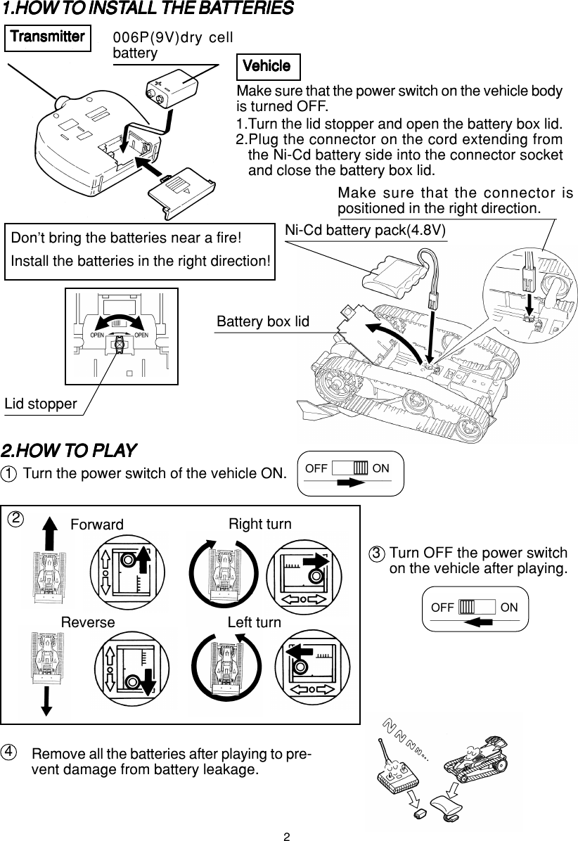 21.HOW T1.HOW T1.HOW T1.HOW T1.HOW TO INSTO INSTO INSTO INSTO INSTALL THE BAALL THE BAALL THE BAALL THE BAALL THE BATTERIESTTERIESTTERIESTTERIESTTERIESTTTTTransmitterransmitterransmitterransmitterransmitter 006P(9V)dry cellbattery VVVVVehicleehicleehicleehicleehicleDon&apos;t bring the batteries near a fire!Make sure that the power switch on the vehicle bodyis turned OFF.1.Turn the lid stopper and open the battery box lid.2.Plug the connector on the cord extending fromthe Ni-Cd battery side into the connector socketand close the battery box lid.Lid stopperBattery box lidInstall the batteries in the right direction!Ni-Cd battery pack(4.8V)Make sure that the connector ispositioned in the right direction.2.HOW T2.HOW T2.HOW T2.HOW T2.HOW TO PLAO PLAO PLAO PLAO PLAYYYYYTurn the power switch of the vehicle ON.ForwardReverseRight turnLeft turnTurn OFF the power switchon the vehicle after playing.Remove all the batteries after playing to pre-vent damage from battery leakage.1234