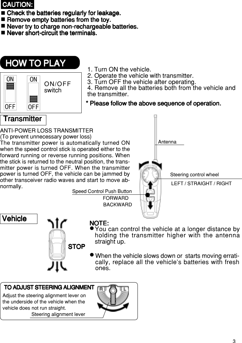 3ANTI-POWER LOSS TRANSMITTER(To prevent unnecessary power loss)The transmitter power is automatically turned ONwhen the speed control stick is operated either to theforward running or reverse running positions. Whenthe stick is returned to the neutral position, the trans-mitter power is turned OFF. When the transmitterpower is turned OFF, the vehicle can be jammed byother transceiver radio waves and start to move ab-normally.TransmitterTransmitterTransmitterTransmitterTransmitterLEFT / STRAIGHT / RIGHTFORWARDBACKWARDAntennaSteering control wheelSpeed Control Push ButtonVehicleVehicleVehicleVehicleVehicleWhen the vehicle slows down or  starts moving errati-cally, replace all the vehicle&apos;s batteries with freshones.You can control the vehicle at a longer distance byholding the transmitter higher with the antennastraight up.NOTE:NOTE:NOTE:NOTE:NOTE:zSTOPSTOPSTOPSTOPSTOPz TO ADJUST STEERING ALIGNMENT TO ADJUST STEERING ALIGNMENT TO ADJUST STEERING ALIGNMENT TO ADJUST STEERING ALIGNMENT TO ADJUST STEERING ALIGNMENTAdjust the steering alignment lever onthe underside of the vehicle when thevehicle does not run straight.Steering alignment leverHOW TO PLAYHOW TO PLAYHOW TO PLAYHOW TO PLAYHOW TO PLAY 1. Turn ON the vehicle.2.•Operate the vehicle with transmitter.3. Turn OFF the vehicle after operating.4. Remove all the batteries both from the vehicle andthe transmitter.* Please follow the above sequence of operation.* Please follow the above sequence of operation.* Please follow the above sequence of operation.* Please follow the above sequence of operation.* Please follow the above sequence of operation.ON/OFFswitchCheck the batteries regularly for leakage.Check the batteries regularly for leakage.Check the batteries regularly for leakage.Check the batteries regularly for leakage.Check the batteries regularly for leakage.Remove empty batteries from the toy.Remove empty batteries from the toy.Remove empty batteries from the toy.Remove empty batteries from the toy.Remove empty batteries from the toy.Never try to charge non-rechargeable batteries.Never try to charge non-rechargeable batteries.Never try to charge non-rechargeable batteries.Never try to charge non-rechargeable batteries.Never try to charge non-rechargeable batteries.Never short-circuit the terminals.Never short-circuit the terminals.Never short-circuit the terminals.Never short-circuit the terminals.Never short-circuit the terminals.CAUTION:CAUTION:CAUTION:CAUTION:CAUTION: