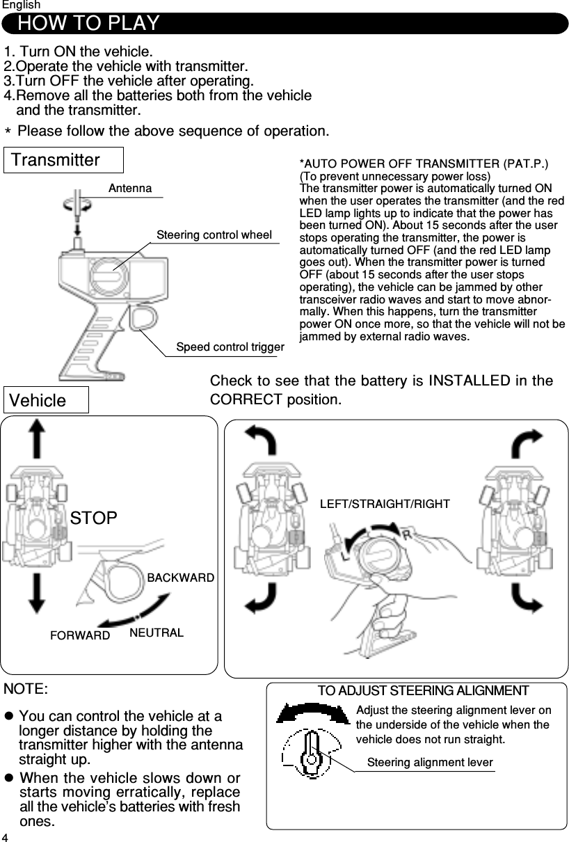 4HOW TO PLAYLEFT/STRAIGHT/RIGHTFORWARD NEUTRALBACKWARD1. Turn ON the vehicle.2.Operate the vehicle with transmitter.3.Turn OFF the vehicle after operating.4.Remove all the batteries both from the vehicle   and the transmitter.Check to see that the battery is INSTALLED in theCORRECT position.*Please follow the above sequence of operation.*AUTO POWER OFF TRANSMITTER (PAT.P.)(To prevent unnecessary power loss)The transmitter power is automatically turned ONwhen the user operates the transmitter (and the redLED lamp lights up to indicate that the power hasbeen turned ON). About 15 seconds after the userstops operating the transmitter, the power isautomatically turned OFF (and the red LED lampgoes out). When the transmitter power is turnedOFF (about 15 seconds after the user stopsoperating), the vehicle can be jammed by othertransceiver radio waves and start to move abnor-mally. When this happens, turn the transmitterpower ON once more, so that the vehicle will not bejammed by external radio waves.AntennaTransmitterVehicleWhen the vehicle slows down orstarts moving erratically, replaceall the vehicle&apos;s batteries with freshones.You can control the vehicle at alonger distance by holding thetransmitter higher with the antennastraight up.NOTE:  TO ADJUST STEERING ALIGNMENT      Adjust the steering alignment lever on      the underside of the vehicle when the      vehicle does not run straight.Steering alignment leverSTOPEnglishSteering control wheelSpeed control trigger