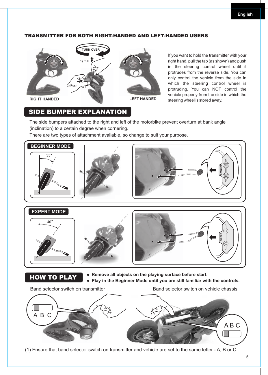 If you want to hold the transmitter with your right hand, pull the tab (as shown) and push in the steering control wheel until it protrudes from the reverse side. You can only control the vehicle from the side in which the steering control wheel is protruding. You can NOT control the vehicle properly from the side in which the steering wheel is stored away.TRANSMITTER FOR BOTH RIGHT-HANDED AND LEFT-HANDED USERSTURN OVERRIGHT HANDED LEFT HANDEDThe side bumpers attached to the right and left of the motorbike prevent overturn at bank angle (inclination) to a certain degree when cornering. There are two types of attachment available, so change to suit your purpose.SIDE BUMPER EXPLANATIONBEGINNER MODEEXPERT MODEHOW TO PLAY Remove all objects on the playing surface before start.Play in the Beginner Mode until you are still familiar with the controls.1) PullEXPERTBEGINNER35405Band selector switch on transmitter Band selector switch on vehicle chassis(1) Ensure that band selector switch on transmitter and vehicle are set to the same letter - A, B or C.A  B  C