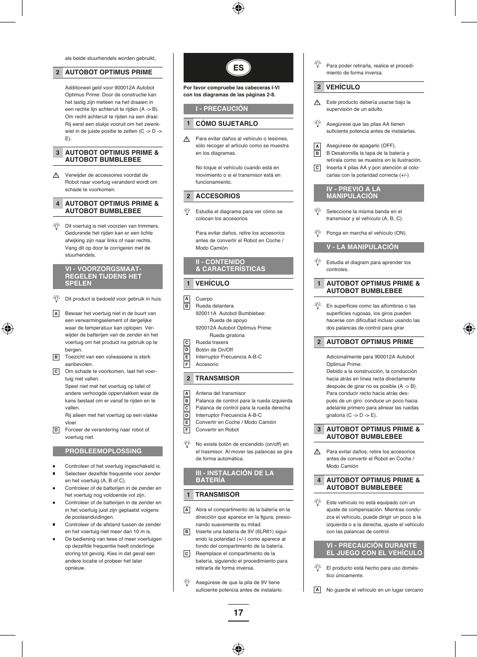17als beide stuurhendels worden gebruikt,2 AUTOBOT OPTIMUS PRIME  Additioneel geld voor 900012A Autobot Optimus Prime: Door de constructie kan het lastig zijn meteen na het draaien in een rechte lijn achteruit te rijden (A -&gt; B). Om recht achteruit te rijden na een draai: Rij eerst een stukje vooruit om het zwenk-wiel in de juiste positie te zetten (C -&gt; D -&gt; E). 3 AUTOBOT OPTIMUS PRIME &amp; AUTOBOT BUMBLEBEE  Verwijder de accessoires voordat de Robot naar voertuig veranderd wordt om schade te voorkomen.4 AUTOBOT OPTIMUS PRIME &amp; AUTOBOT BUMBLEBEE  Dit voertuig is niet voorzien van trimmers. Gedurende het rijden kan er een lichte afwijking zijn naar links of naar rechts. Vang dit op door te corrigeren met de stuurhendels.VI - VOORZORGSMAAT-REGELEN TIJDENS HET SPELEN Dit product is bedoeld voor gebruik in huis.A Bewaar het voertuig niet in de buurt van een verwarmingselement of dergelijke waar de temperatuur kan oplopen. Ver-wijder de batterijen van de zender en het voertuig om het product na gebruik op te bergen.B  Toezicht van een volwassene is sterk aanbevolen.C  Om schade te voorkomen, laat het voer-tuig niet vallen.  Speel niet met het voertuig op tafel of andere verhoogde oppervlakken waar de kans bestaat om er vanaf te rijden en te vallen. Rij alleen met het voertuig op een vlakke vloer. D  Forceer de verandering naar robot of voertuig niet.PROBLEEMOPLOSSING Controleer of het voertuig ingeschakeld is. Selecteer dezelfde frequentie voor zender en het voertuig (A, B of C).  Controleer of de batterijen in de zender en het voertuig nog voldoende vol zijn. Controleer of de batterijen in de zender en in het voertuig juist zijn geplaatst volgens de poolaanduidingen.  Controleer of de afstand tussen de zender en het voertuig niet meer dan 10 m is. De bediening van twee of meer voertuigen op dezelfde frequentie heeft onderlinge storing tot gevolg. Kies in dat geval een andere locatie of probeer het later opnieuw.Por favor compruebe las cabeceras I-VIcon los diagramas de las páginas 2-8.I - PRECAUCIÓN1 CÓMO SUJETARLO  Para evitar daños al vehículo o lesiones, sólo recoger el artículo como se muestra en los diagramas.  No toque el vehículo cuando está en movimiento o si el transmisor está en funcionamiento.2 ACCESORIOS Estudia el diagrama para ver cómo se colocan los accesorios  Para evitar daños, retire los accesorios antes de convertir el Robot en Coche / Modo Camión  II - CONTENIDO &amp; CARACTERÍSTICAS1 VEHÍCULOA Cuerpo B Rueda delantera 920011A  Autobot Bumblebee:    Rueda de apoyo 920012A Autobot Optimus Prime:    Rueda giratoria C Rueda traseraD  Botón de On/OffE  Interruptor Frecuencia A-B-CF Accesorio2 TRANSMISORA  Antena del transmisorB  Palanca de control para la rueda izquierdaC  Palanca de control para la rueda derechaD  Interruptor Frecuencia A-B-CE Convertir en Coche / Modo Camión  F Convertir en Robot No existe botón de encendido (on/off) en el trasmisor. Al mover las palancas se gira de forma automática.III - INSTALACIÓN DE LA BATERÍA1 TRANSMISORA Abra el compartimento de la batería en la dirección que aparece en la  figura, presio-nando suavemente su mitad.B  Inserte una batería de 9V (6LR61) sigui-endo la polaridad (+/-) como aparece al fondo del compartimento de la batería.C Reemplace el compartimento de la batería, siguiendo el procedimiento para retirarla de forma inversa.Asegúrese de que la pila de 9V tiene sufi ciente potencia antes de instalarlo.  Para poder retirarla, realice el procedi-miento de forma inversa.2 VEHÍCULO Este producto debería usarse bajo la supervisión de un adulto. Asegúrese que las pilas AA tienen suficiente potencia antes de instalarlas.A Asegúrese de apagarlo (OFF). B  B Desatornilla la tapa de la batería y retírala como se muestra en la ilustración.C  Inserta 4 pilas AA y pon atención al colo-carlas con la polaridad correcta (+/-)IV - PREVIO A LA MANIPULACIÓN  Seleccione la misma banda en el transmisor y el vehículo (A, B, C).  Ponga en marcha el vehículo (ON). V - LA MANIPULACIÓN Estudia el diagram para aprender los controles.1 AUTOBOT OPTIMUS PRIME &amp; AUTOBOT BUMBLEBEE  En superfi ces como las alfombras o las superfi cies rugosas, los giros pueden hacerse con difi cultad incluso usando las dos palancas de control para girar.2 AUTOBOT OPTIMUS PRIME  Adicionalmente para 900012A Autobot Optimus Prime: Debido a la construcción, la conducción hacia atrás en línea recta directamente después de girar no es posible (A -&gt; B). Para conducir recto hacia atrás des-pués de un giro: conduce un poco hacia adelante primero para alinear las ruedas giratoria (C -&gt; D -&gt; E).3 AUTOBOT OPTIMUS PRIME &amp; AUTOBOT BUMBLEBEE  Para evitar daños, retire los accesorios antes de convertir el Robot en Coche / Modo Camión  4 AUTOBOT OPTIMUS PRIME &amp; AUTOBOT BUMBLEBEE  Este vehículo no está equipado con un ajuste de compensación. Mientras condu-zca el vehículo, puede dirigir un poco a la izquierda o a la derecha, ajuste el vehículo con las palancas de control.VI - PRECAUCIÓN DURANTE EL JUEGO CON EL VEHÍCULO El producto está hecho para uso domés-tico únicamente.A No guarde el vehículo en un lugar cercano 