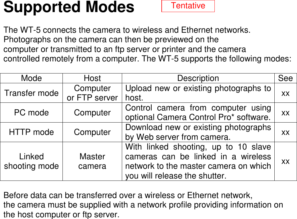   Supported Modes  The WT-5 connects the camera to wireless and Ethernet networks. Photographs on the camera can then be previewed on the computer or transmitted to an ftp server or printer and the camera controlled remotely from a computer. The WT-5 supports the following modes:  Mode  Host  Description  See Transfer mode Computer or FTP server Upload new or existing photographs to host.  xx PC mode  Computer  Control  camera  from  computer  using optional Camera Control Pro* software. xx HTTP mode  Computer  Download new or existing photographs by Web server from camera.  xx Linked shooting mode Master camera With  linked  shooting,  up  to  10  slave cameras  can  be  linked  in  a  wireless network to the master camera on which you will release the shutter. xx  Before data can be transferred over a wireless or Ethernet network, the camera must be supplied with a network profile providing information on the host computer or ftp server.                               Tentative 