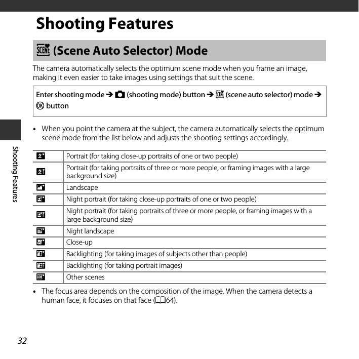 32Shooting FeaturesShooting FeaturesThe camera automatically selects the optimum scene mode when you frame an image, making it even easier to take images using settings that suit the scene.•When you point the camera at the subject, the camera automatically selects the optimum scene mode from the list below and adjusts the shooting settings accordingly.•The focus area depends on the composition of the image. When the camera detects a human face, it focuses on that face (A64).x (Scene Auto Selector) ModeEnter shooting mode M A (shooting mode) button M x (scene auto selector) mode M k buttonePortrait (for taking close-up portraits of one or two people)bPortrait (for taking portraits of three or more people, or framing images with a large background size)fLandscapehNight portrait (for taking close-up portraits of one or two people)cNight portrait (for taking portraits of three or more people, or framing images with a large background size)gNight landscapeiClose-upjBacklighting (for taking images of subjects other than people) dBacklighting (for taking portrait images)dOther scenes