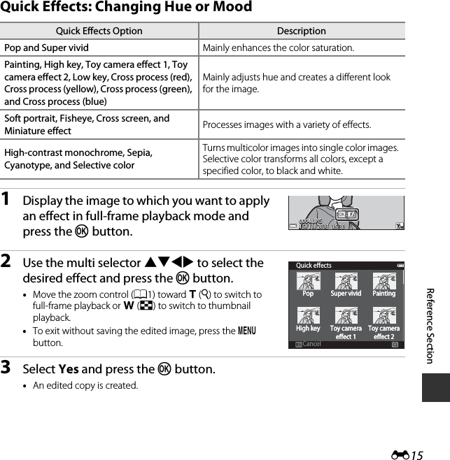 E15Reference SectionQuick Effects: Changing Hue or Mood1Display the image to which you want to apply an effect in full-frame playback mode and press the k button.2Use the multi selector HIJK to select the desired effect and press the k button.•Move the zoom control (A1) toward g (i) to switch to full-frame playback or f (h) to switch to thumbnail playback.•To exit without saving the edited image, press the d button.3Select Yes and press the k button.•An edited copy is created.Quick Effects Option DescriptionPop and Super vivid Mainly enhances the color saturation.Painting, High key, Toy camera effect 1, Toy camera effect 2, Low key, Cross process (red), Cross process (yellow), Cross process (green), and Cross process (blue)Mainly adjusts hue and creates a different look for the image.Soft portrait, Fisheye, Cross screen, and Miniature effect Processes images with a variety of effects.High-contrast monochrome, Sepia, Cyanotype, and Selective colorTurns multicolor images into single color images. Selective color transforms all colors, except a specified color, to black and white.15 / 11 / 2013  15:3015 / 11 / 2013  15:300004. JPG0004. JPG4 / 4Quick eectsCancelCancelPopPop Super vividSuper vivid PaintingPaintingHigh keyHigh key Toy cameraeect 1Toy cameraeect 1Toy cameraeect 2Toy cameraeect 2