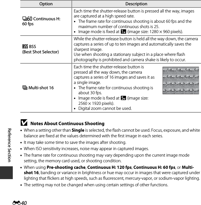 E40Reference SectionBNotes About Continuous Shooting•When a setting other than Single is selected, the flash cannot be used. Focus, exposure, and white balance are fixed at the values determined with the first image in each series.•It may take some time to save the images after shooting.•When ISO sensitivity increases, noise may appear in captured images.•The frame rate for continuous shooting may vary depending upon the current image mode setting, the memory card used, or shooting condition.•When using Pre-shooting cache, Continuous H: 120 fps, Continuous H: 60 fps, or Multi-shot 16, banding or variance in brightness or hue may occur in images that were captured under lighting that flickers at high speeds, such as fluorescent, mercury-vapor, or sodium-vapor lighting.•The setting may not be changed when using certain settings of other functions.j Continuous H: 60 fpsEach time the shutter-release button is pressed all the way, images are captured at a high speed rate.•The frame rate for continuous shooting is about 60 fps and the maximum number of continuous shots is 25.•Image mode is fixed at M (image size: 1280 × 960 pixels).DBSS (Best Shot Selector)While the shutter-release button is held all the way down, the camera captures a series of up to ten images and automatically saves the sharpest image.Use when shooting a stationary subject in a place where flash photography is prohibited and camera shake is likely to occur.WMulti-shot 16Each time the shutter-release button is pressed all the way down, the camera captures a series of 16 images and saves it as a single image.•The frame rate for continuous shooting is about 30 fps.•Image mode is fixed at L (image size: 2560 × 1920 pixels).•Digital zoom cannot be used.Option Description