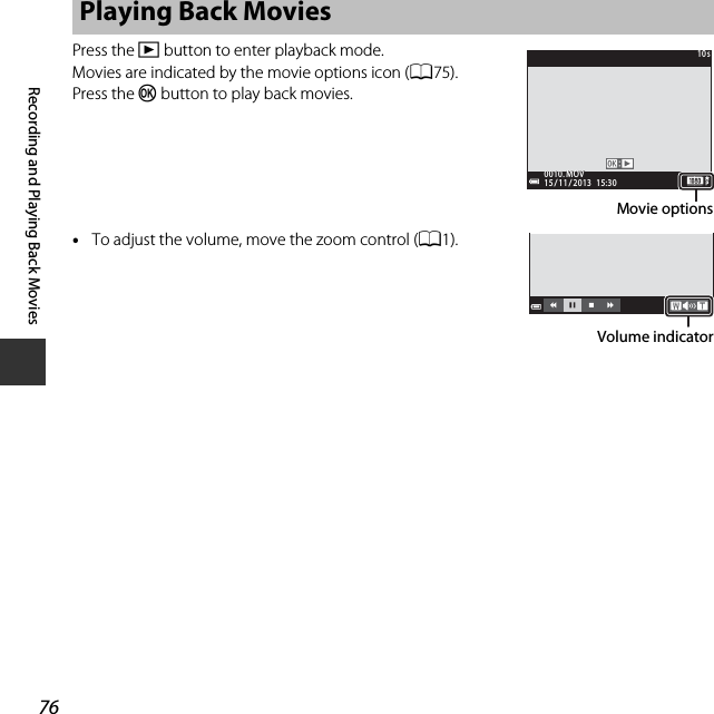 76Recording and Playing Back MoviesPress the c button to enter playback mode.Movies are indicated by the movie options icon (A75).Press the k button to play back movies.•To adjust the volume, move the zoom control (A1).Playing Back Movies15 / 11 / 2013  15:3015 / 11 / 2013  15:300010. MOV0010. MOV10s10sMovie options4sVolume indicator