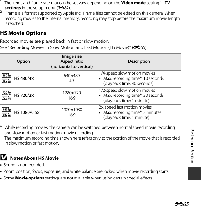 E65Reference Section1The items and frame rate that can be set vary depending on the Video mode setting in TV settings in the setup menu (E82). 2iFrame is a format supported by Apple Inc. iFrame files cannot be edited on this camera. When recording movies to the internal memory, recording may stop before the maximum movie length is reached. HS Movie OptionsRecorded movies are played back in fast or slow motion.See “Recording Movies in Slow Motion and Fast Motion (HS Movie)” (E66).* While recording movies, the camera can be switched between normal speed movie recording and slow motion or fast motion movie recording. The maximum recording time shown here refers only to the portion of the movie that is recorded in slow motion or fast motion.BNotes About HS Movie•Sound is not recorded.•Zoom position, focus, exposure, and white balance are locked when movie recording starts.•Some Movie options settings are not available when using certain special effects.OptionImage sizeAspect ratio (horizontal to vertical)DescriptionhaHS 480/4× 640×4804:31/4-speed slow motion movies•Max. recording time*: 10 seconds (playback time: 40 seconds)iXHS 720/2× 1280×72016:91/2-speed slow motion movies•Max. recording time*: 30 seconds (playback time: 1 minute)jYHS 1080/0.5× 1920×108016:92× speed fast motion movies•Max. recording time*: 2 minutes (playback time: 1 minute)