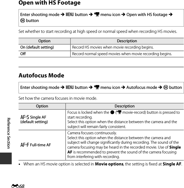 E68Reference SectionOpen with HS FootageSet whether to start recording at high speed or normal speed when recording HS movies.Autofocus ModeSet how the camera focuses in movie mode.•When an HS movie option is selected in Movie options, the setting is fixed at Single AF.Enter shooting mode M d button M D menu icon M Open with HS footage M kbuttonOption DescriptionOn (default setting) Record HS movies when movie recording begins.Off Record normal speed movies when movie recording begins.Enter shooting mode M d button M D menu icon M Autofocus mode M k buttonOption DescriptionA Single AF (default setting)Focus is locked when the b (e movie-record) button is pressed to start recording.Select this option when the distance between the camera and the subject will remain fairly consistent.B Full-time AFCamera focuses continuously.Select this option when the distance between the camera and subject will change significantly during recording. The sound of the camera focusing may be heard in the recorded movie. Use of Single AF is recommended to prevent the sound of the camera focusing from interfering with recording.