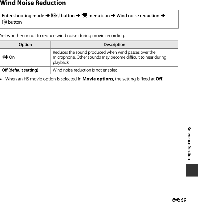 E69Reference SectionWind Noise ReductionSet whether or not to reduce wind noise during movie recording.•When an HS movie option is selected in Movie options, the setting is fixed at Off.Enter shooting mode M d button M D menu icon M Wind noise reduction M kbuttonOption DescriptionY OnReduces the sound produced when wind passes over the microphone. Other sounds may become difficult to hear during playback.Off (default setting) Wind noise reduction is not enabled.