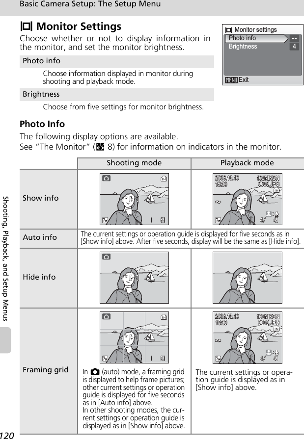 120Basic Camera Setup: The Setup MenuShooting, Playback, and Setup MenusZ Monitor SettingsChoose whether or not to display information inthe monitor, and set the monitor brightness.Photo InfoThe following display options are available.See “The Monitor” (c8) for information on indicators in the monitor.Photo infoChoose information displayed in monitor during shooting and playback mode.BrightnessChoose from five settings for monitor brightness.Shooting mode Playback modeShow infoAuto infoThe current settings or operation guide is displayed for five seconds as in [Show info] above. After five seconds, display will be the same as [Hide info].Hide infoFraming gridMonitor settingsExitPhoto infoBrightness 488MMM100NIKON100NIKON15:3015:3015:30100NIKON0009.JPG0009.JPG2006.10.102006.10.100009.JPG2006.10.1044OMM44NEEOM88MMMIn L (auto) mode, a framing grid is displayed to help frame pictures; other current settings or operation guide is displayed for five seconds as in [Auto info] above.In other shooting modes, the cur-rent settings or operation guide is displayed as in [Show info] above.100NIKON100NIKON15:3015:3015:30100NIKON0009.JPG0009.JPG2006.10.102006.10.100009.JPG2006.10.1044OMM44NEEOThe current settings or opera-tion guide is displayed as in [Show info] above.
