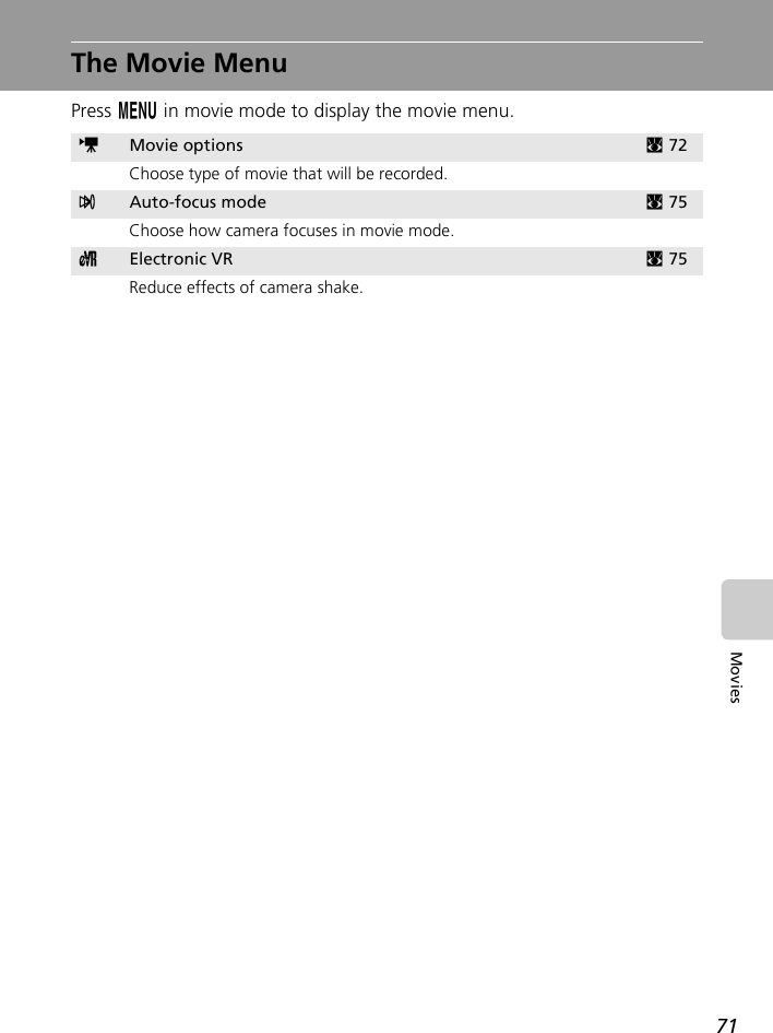 71MoviesThe Movie MenuPress m in movie mode to display the movie menu.TMovie options c72Choose type of movie that will be recorded.YAuto-focus mode c75Choose how camera focuses in movie mode.cElectronic VR c75Reduce effects of camera shake.